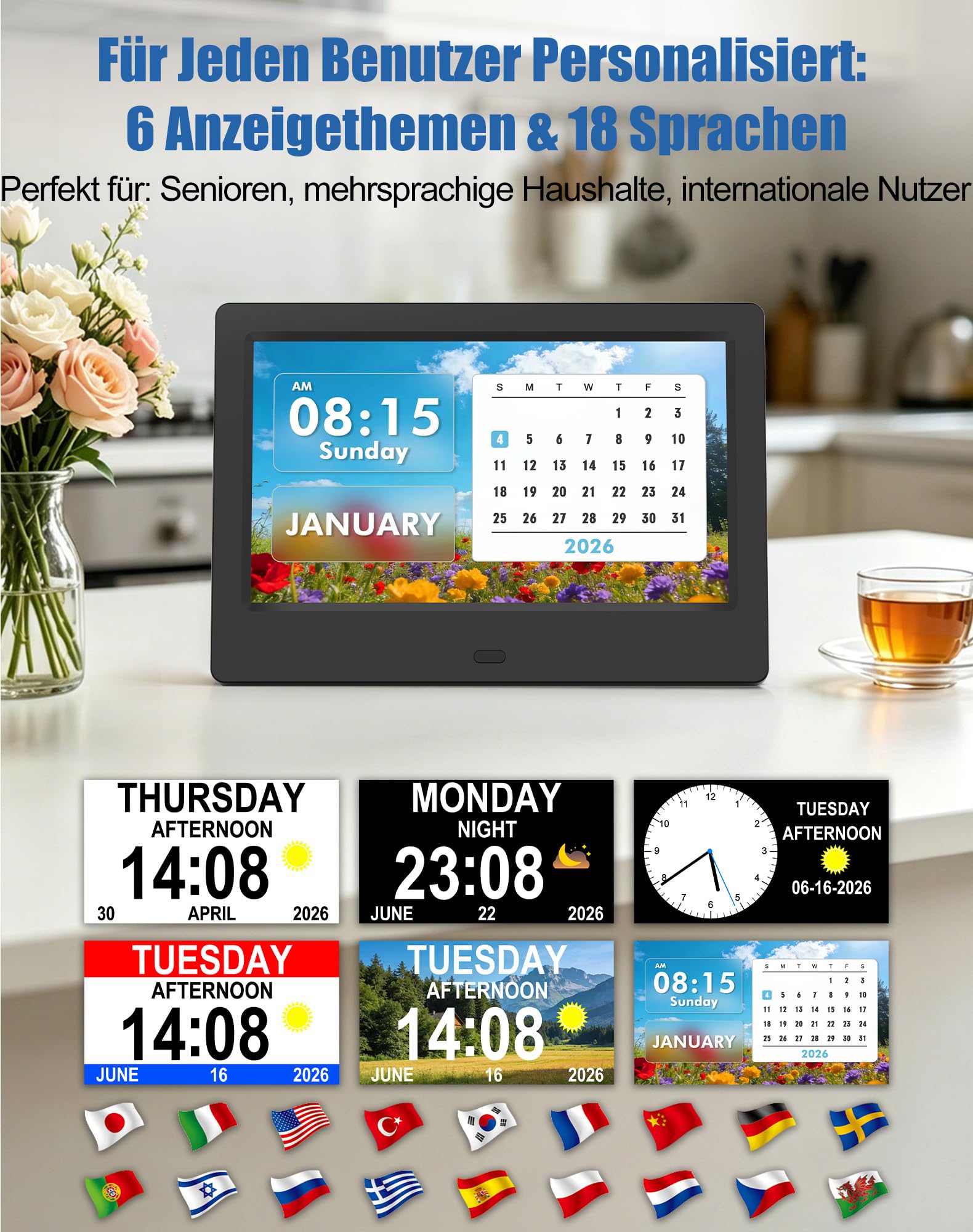 jely Digitaler Kalender mit Datum und Uhrzeit für Senioren, Wecker Digital 7 Zoll HD, 20 Erinnerungen, 24 Alarme, Fernbedienung, Digitaler Bilderrahmen, Tischuhr & Wanduhr – Schwarz