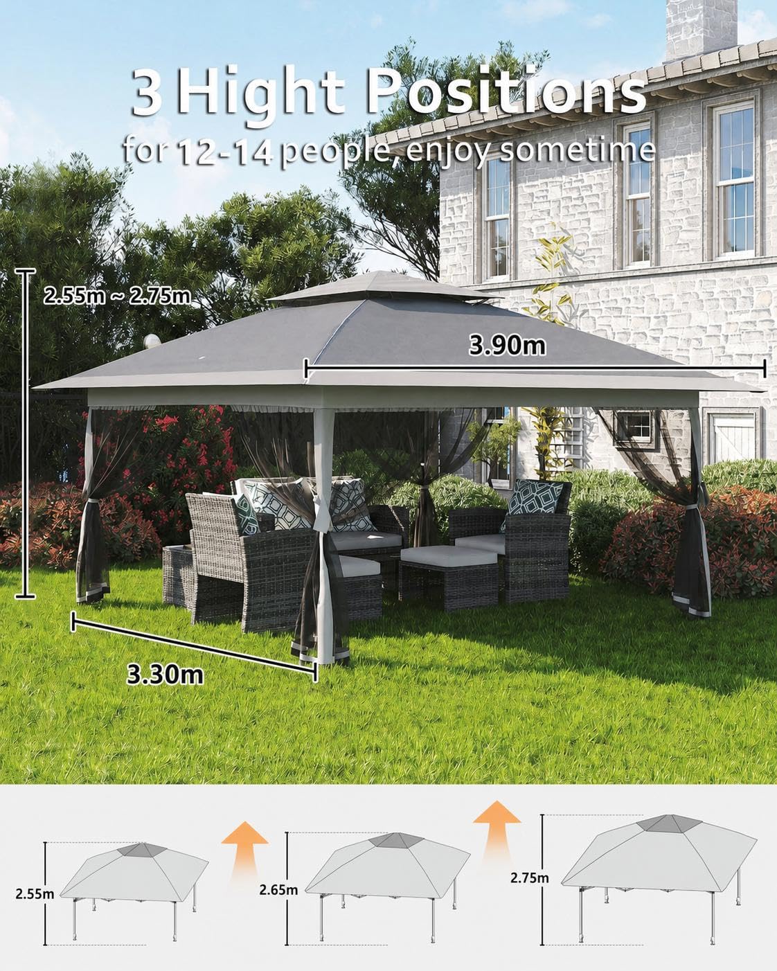 Faltpavillon 4x4 m Pop-Up mit One-Push Zentralschloss – Moskitonetz, 3-Fach Höhenverstellbar, CPAI-84 Zertifiziert, Wasserdicht, UV-Schutz 99%, Inkl. 4 Sandbags & Tragetasche