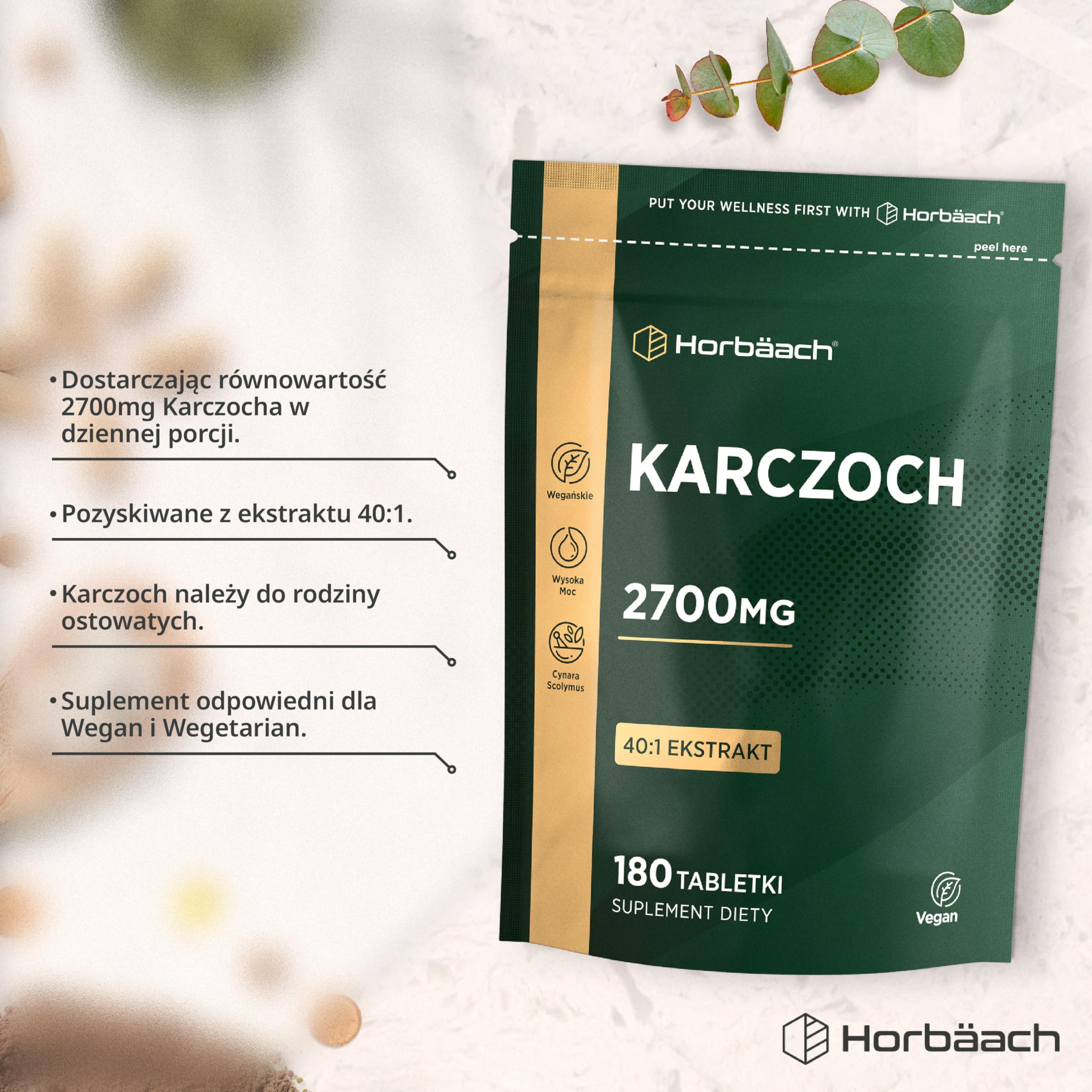 Karczoch Tabletki 2700mg | Wysokiej Mocy Ekstrakt z Karczocha | 180 Tabletek Wegańskich | marki Horbaach