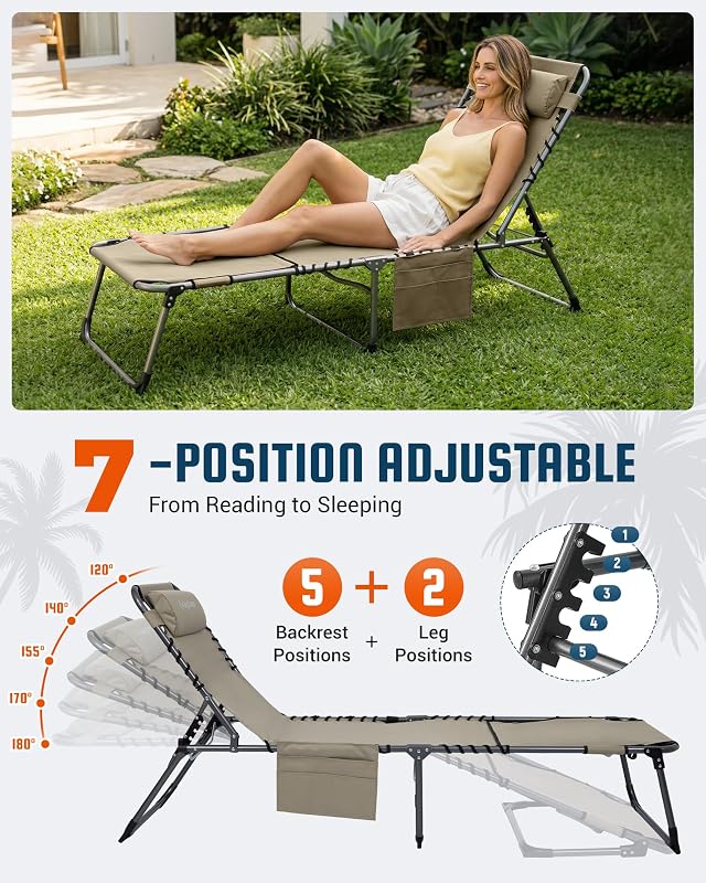 KingCamp 400LBS Tanning Chair with Face Hole, Beige 1‑Pack image 6