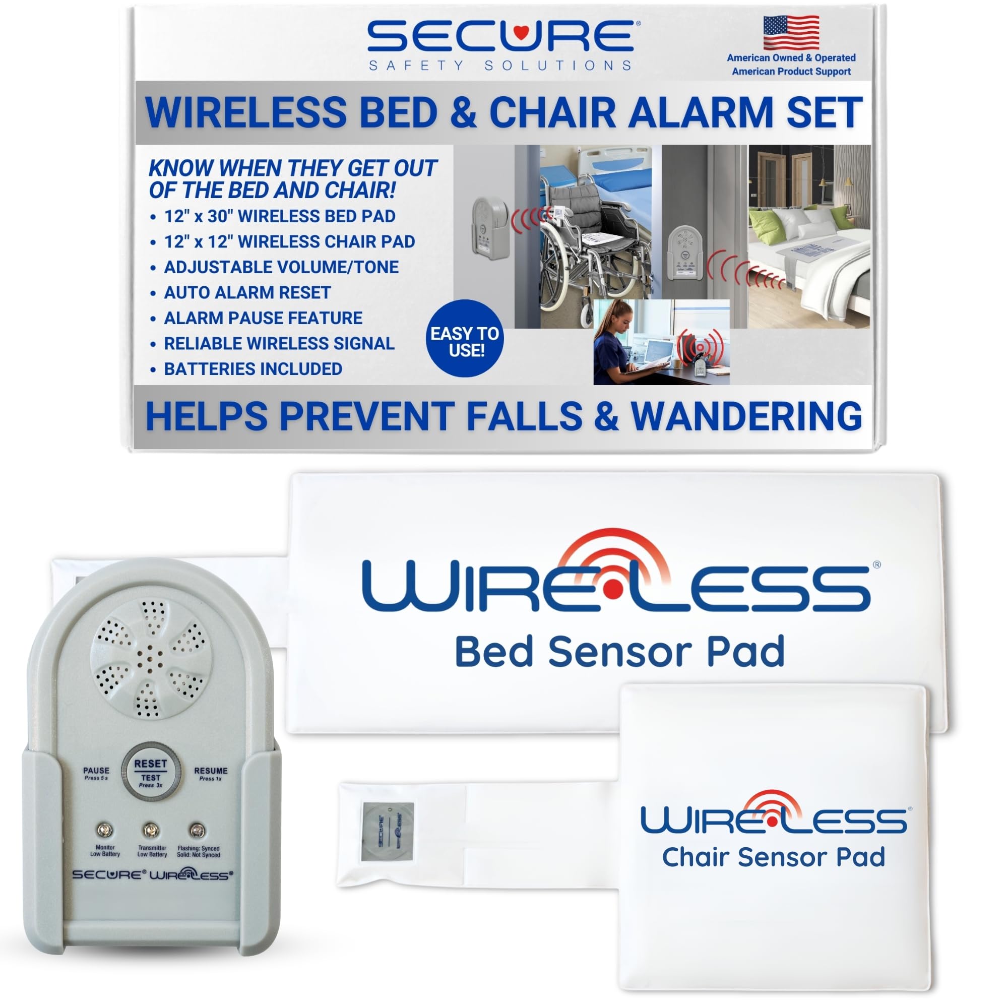 Allarme wireless sicuro per sedia e letto per adulti anziani - Monitor allarme paziente con cuscino e sensore di movimento per sedia - Allarmi da letto e prevenzione delle cadute per pazienti affetti