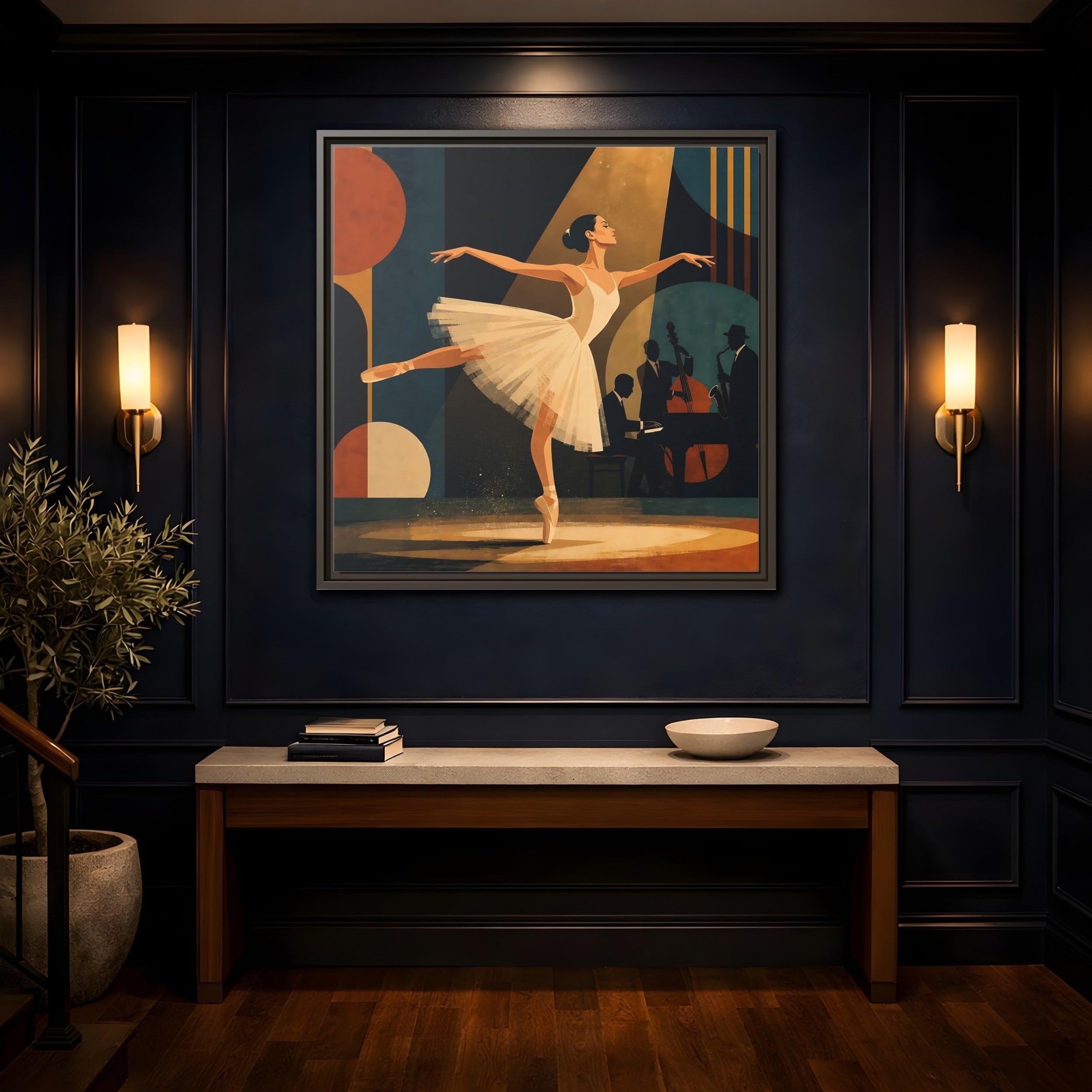 Vintage Ballerina Jazz Framed Canvas Print Wall Art – Deco Living Room, Above Console Table 12×12 inch (30×30 cm) - Square/Black / 1.25 inch (3 cm)