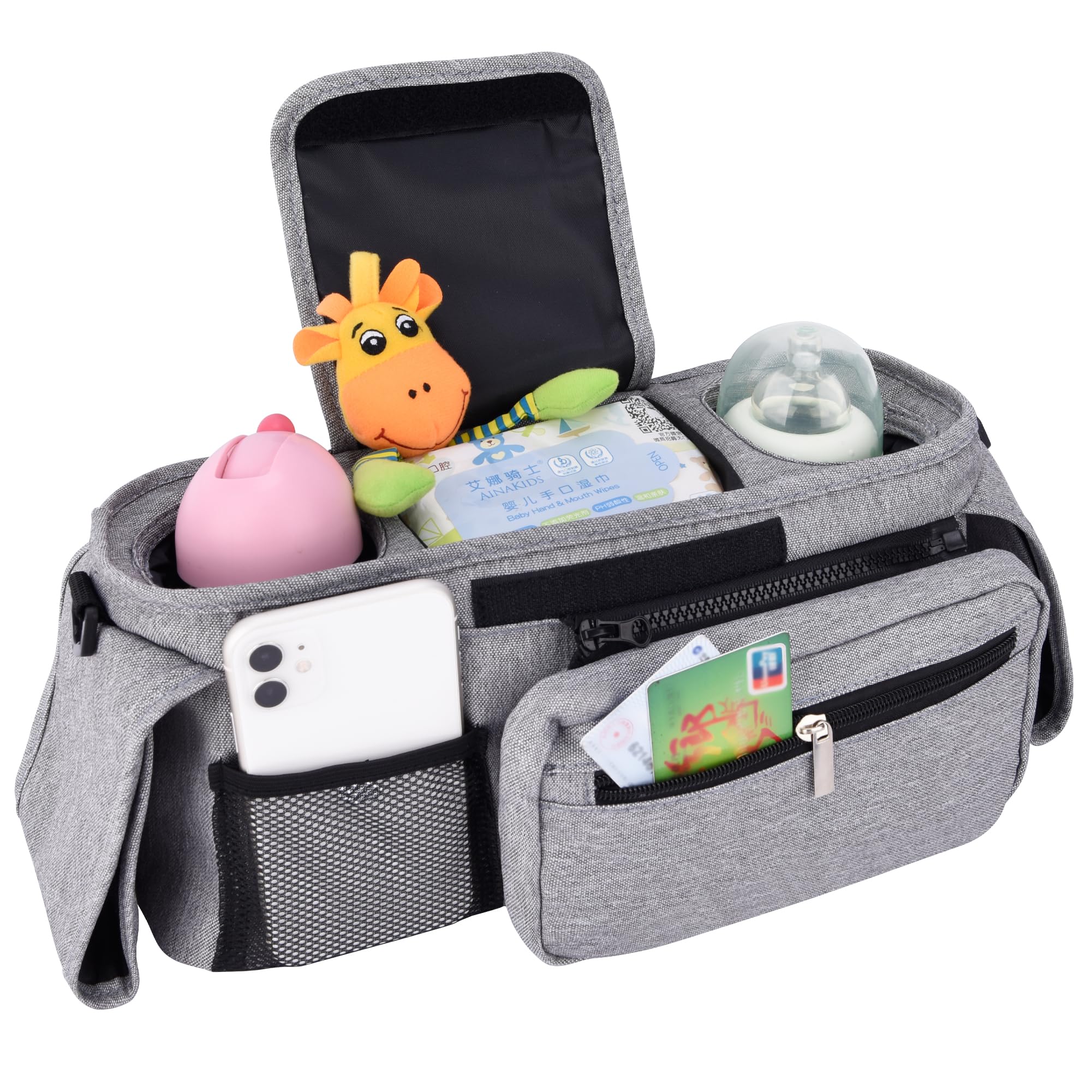 Bebamour Organizzatore per passeggino e ganci per passeggino 2PCS Borsa per carrozzina Organizzatore per passeggino Borsa di stoccaggio con tasca staccabile Tasca per cellulare Organizzatore,Grey