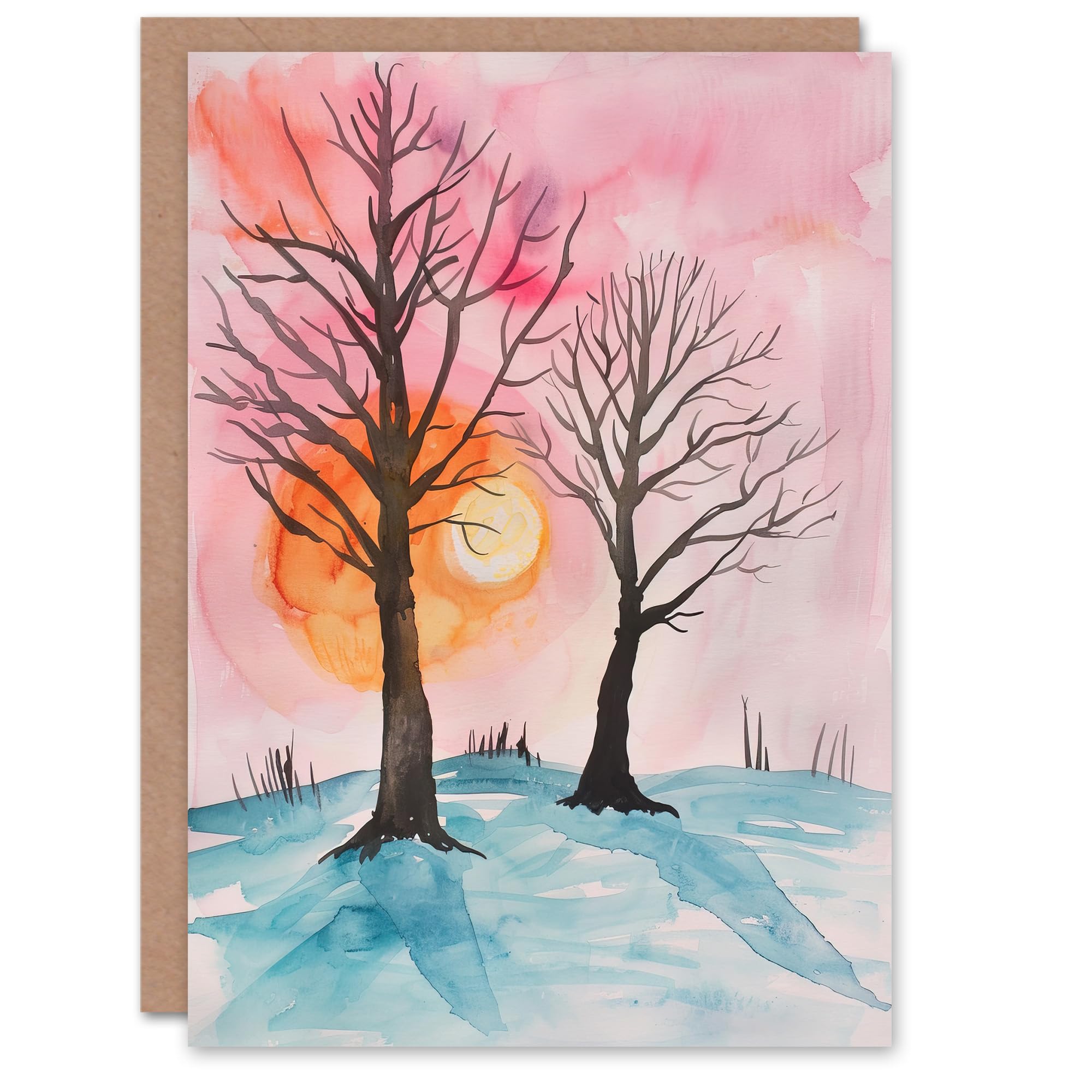 Artery8 Greeting Card Two Trees Misty Sunset Winter Snow Landscape Blank For Him Or Her Art Birthday Card