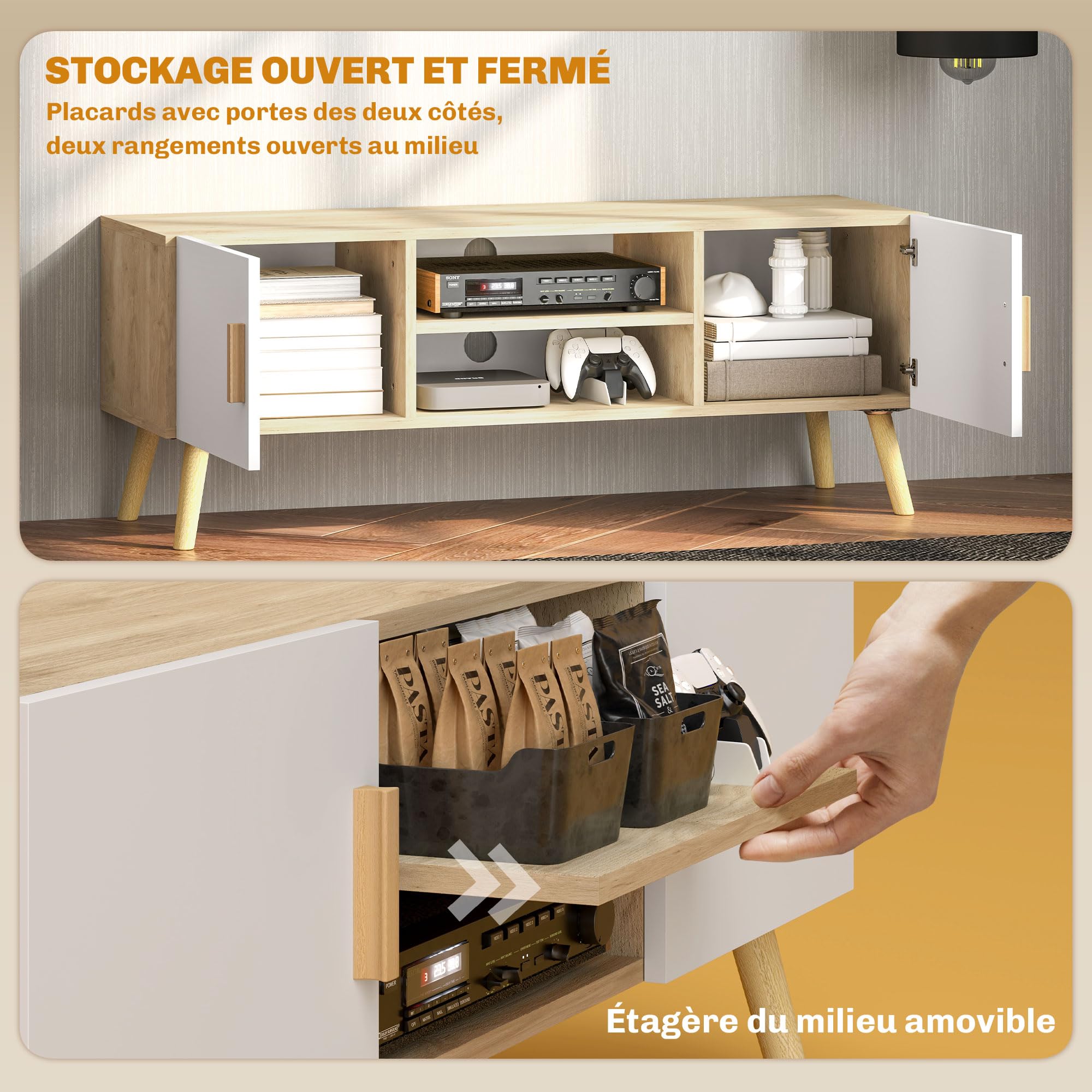 HOMCOM Meuble TV Banc TV Style Scandinave Placard 2 Niches 2 Tiroirs