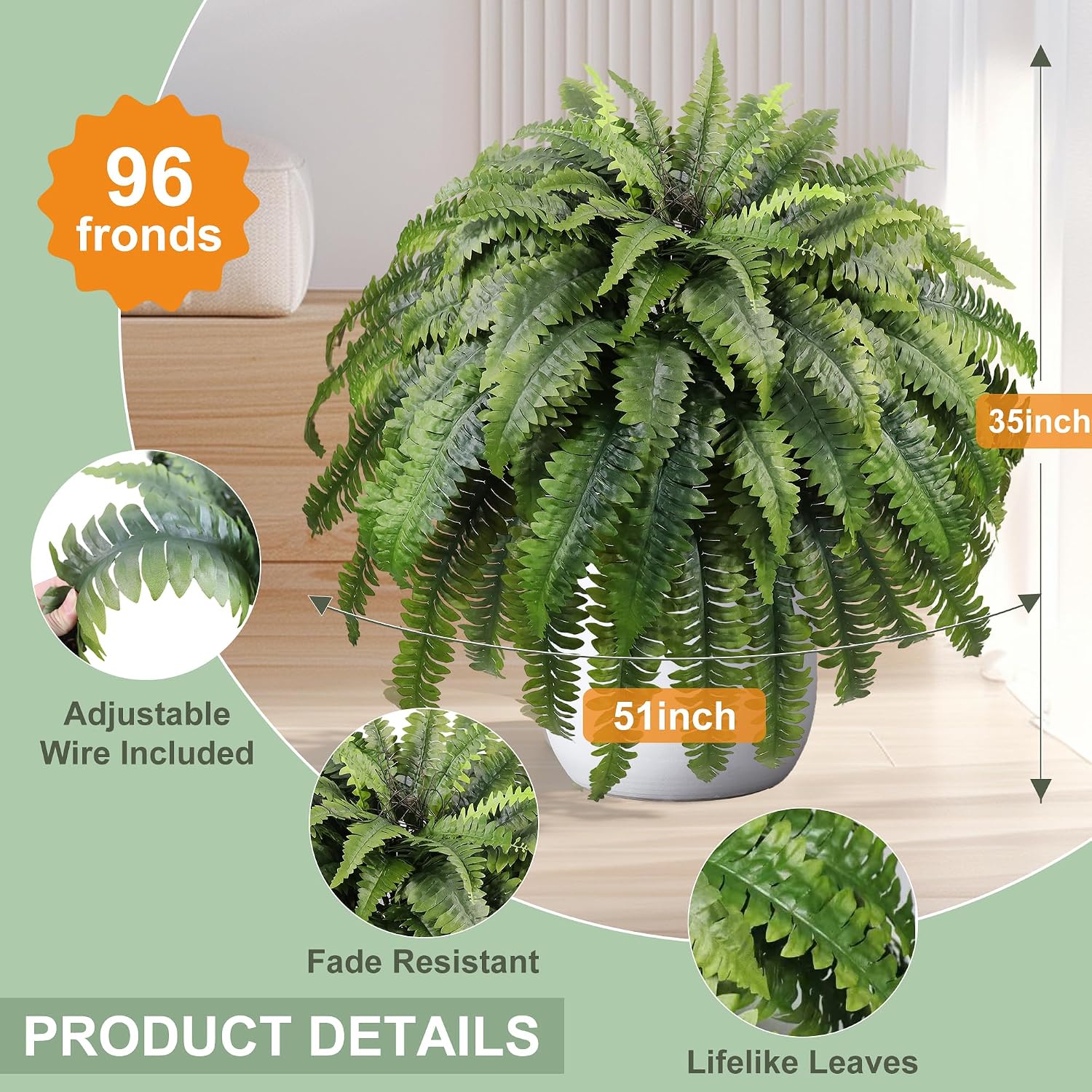 51" Fake Ferns Artificial Plants Large, 96 Fronds Artificial Ferns for Outdoors and Indoors, Realistic Extra Large Faux Boston Fern with Vines for Planter Porch Patio Home Office Decor, UV Resistant