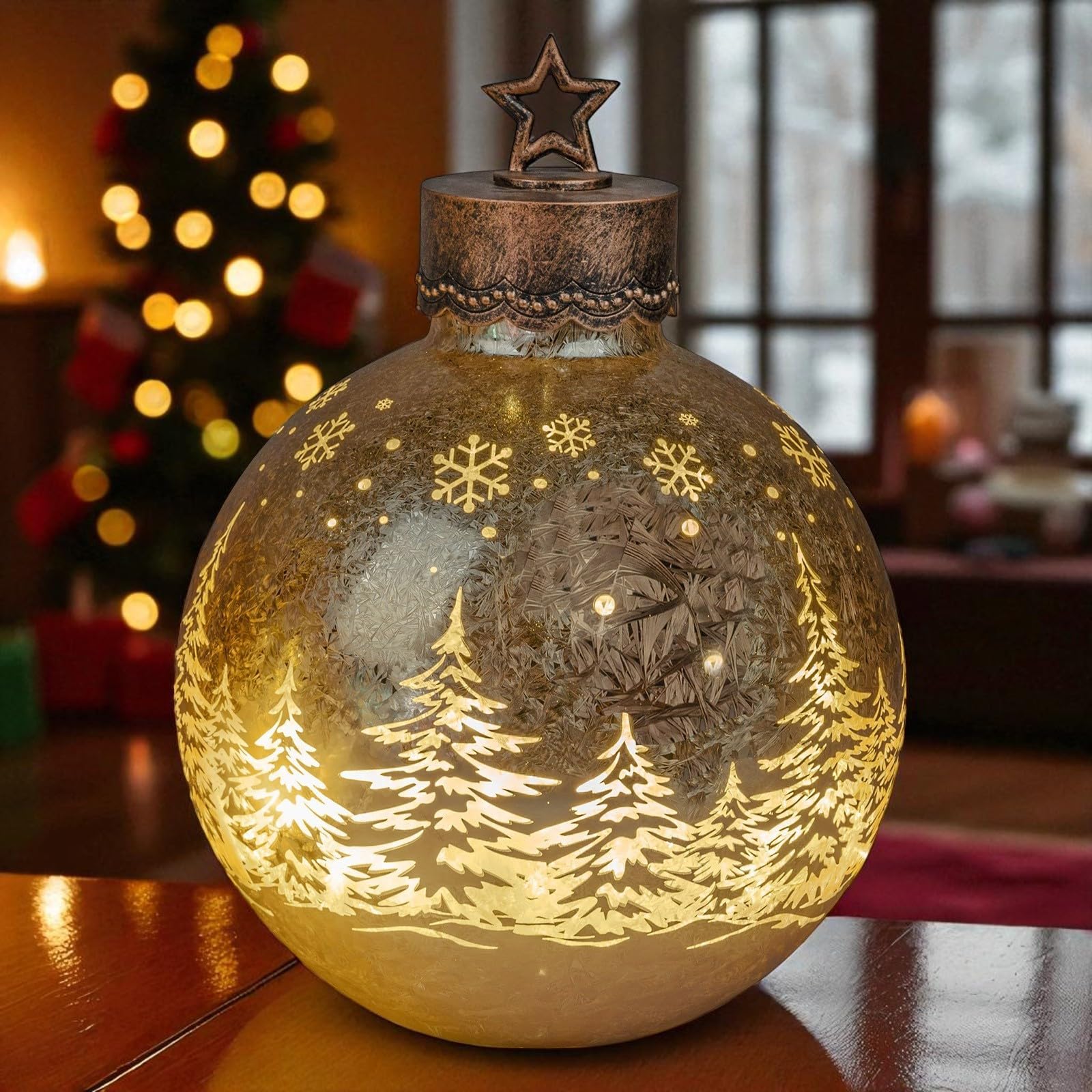 formano LED Deko-Kugel Frosty Gold 35 cm Glaskugel in Ice-Optik Timer 6h / 18h beleuchtet - Batteriebetrieben - Herbst Winter Weihnachtsdeko für Tisch Regal Fensterbank
