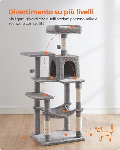 Feandrea Cat Tree Tower, 143 cm Multi-Level Plush Cat Condo with 4 Scratching Posts, 2 Perches, Cave, Hammock, Pompoms, Light Grey PCT161W01 - 3