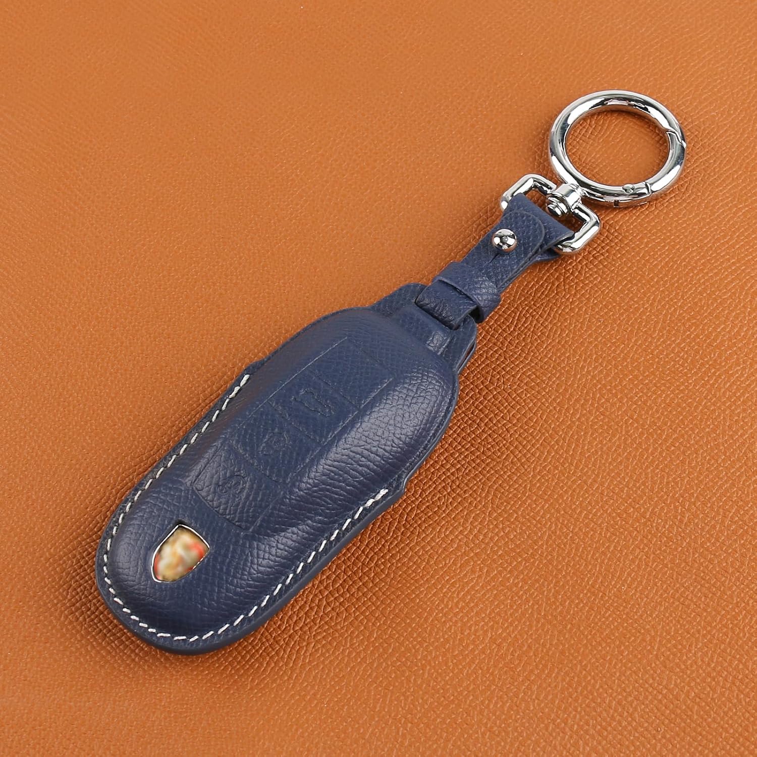 Leather Key Fob Cover,with Keychain Key Shell Case Compatible with Porsche Panamera, Macan, Cayenne, 911, 718(3-Button,Blue - Image 9