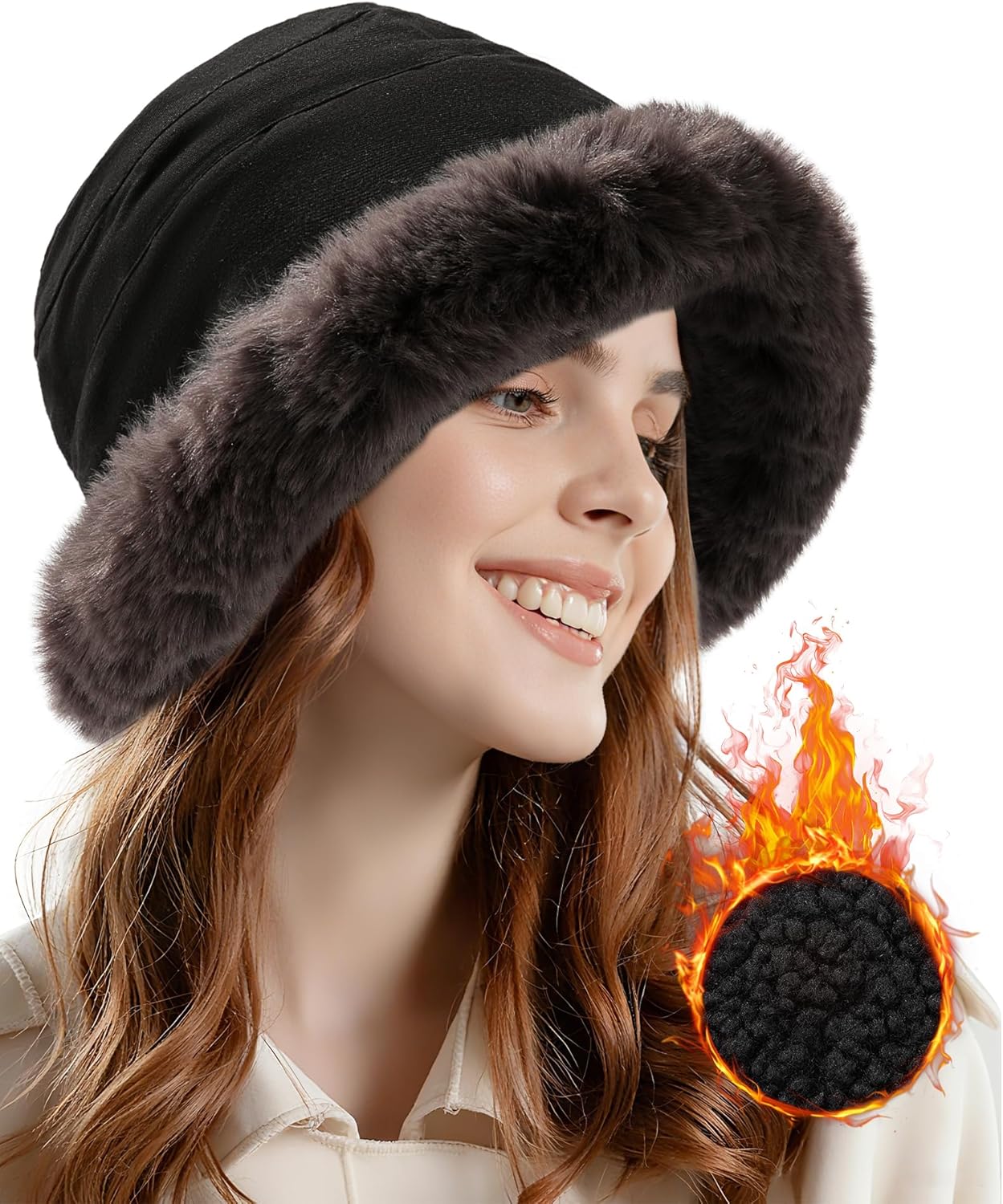 Molans Winter Furry Bucket Hat for Women — Velvet Thickened Rolled Brim Faux Fur Cloche Hat Foldable Soft Cap with Lining - Image 2