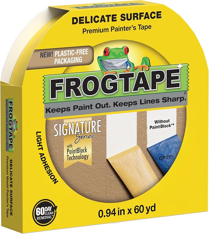 Delicate Surface Painters Tape with PAINTBLOCK, 1.5 in Wide (0.94 in x 60 yd), Low Adhesion, Painting Tape Ideal for Freshly Painted Walls, Trim & Surfaces, Yellow, 1 Roll (280220)