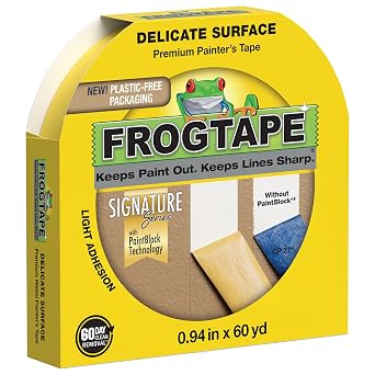 FrogTape Delicate Surface Painters Tape with PAINTBLOCK, 1.5 in Wide 0.94 in x 60 yd, Low Adhesion, Painting Tape Ideal for Freshly Painted Walls, Trim & Surfaces, Yellow, 1 Roll 280220