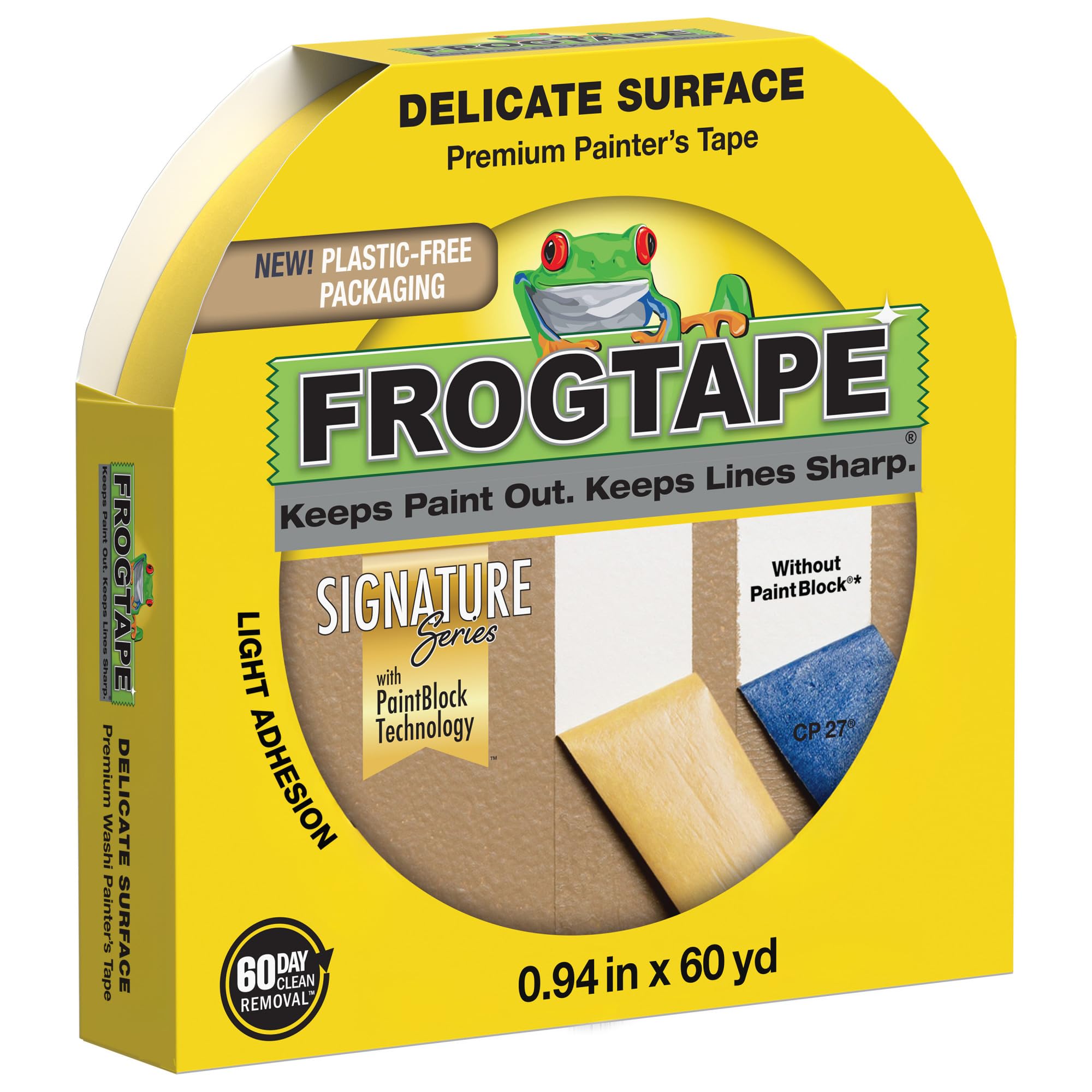 FrogTape Delicate Surface Painters Tape with PAINTBLOCK, 1 Inch Wide (0.94 In. x 60 Yds), Low Adhesion, Ideal for Freshly Painted Walls, Trim & Surfaces, Yellow, 1 Roll (280220)