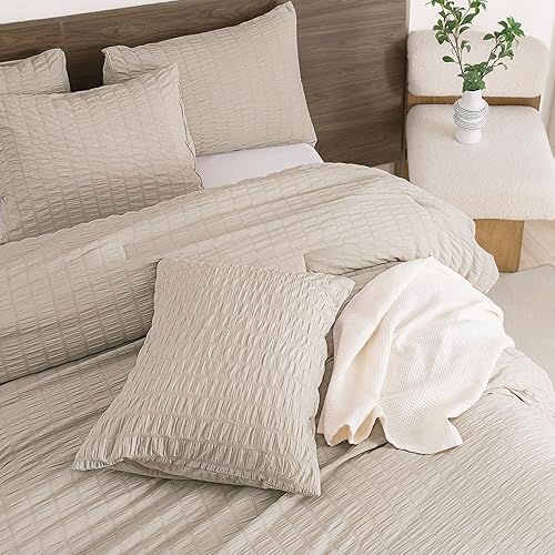 Miniatura 3 de Andency Edredón beige tamaño matrimonial (79 x 90 pulgadas), 3 piezas (1 edredón texturizado de sirsaca y 2 fundas de almohada), 100% microfibra