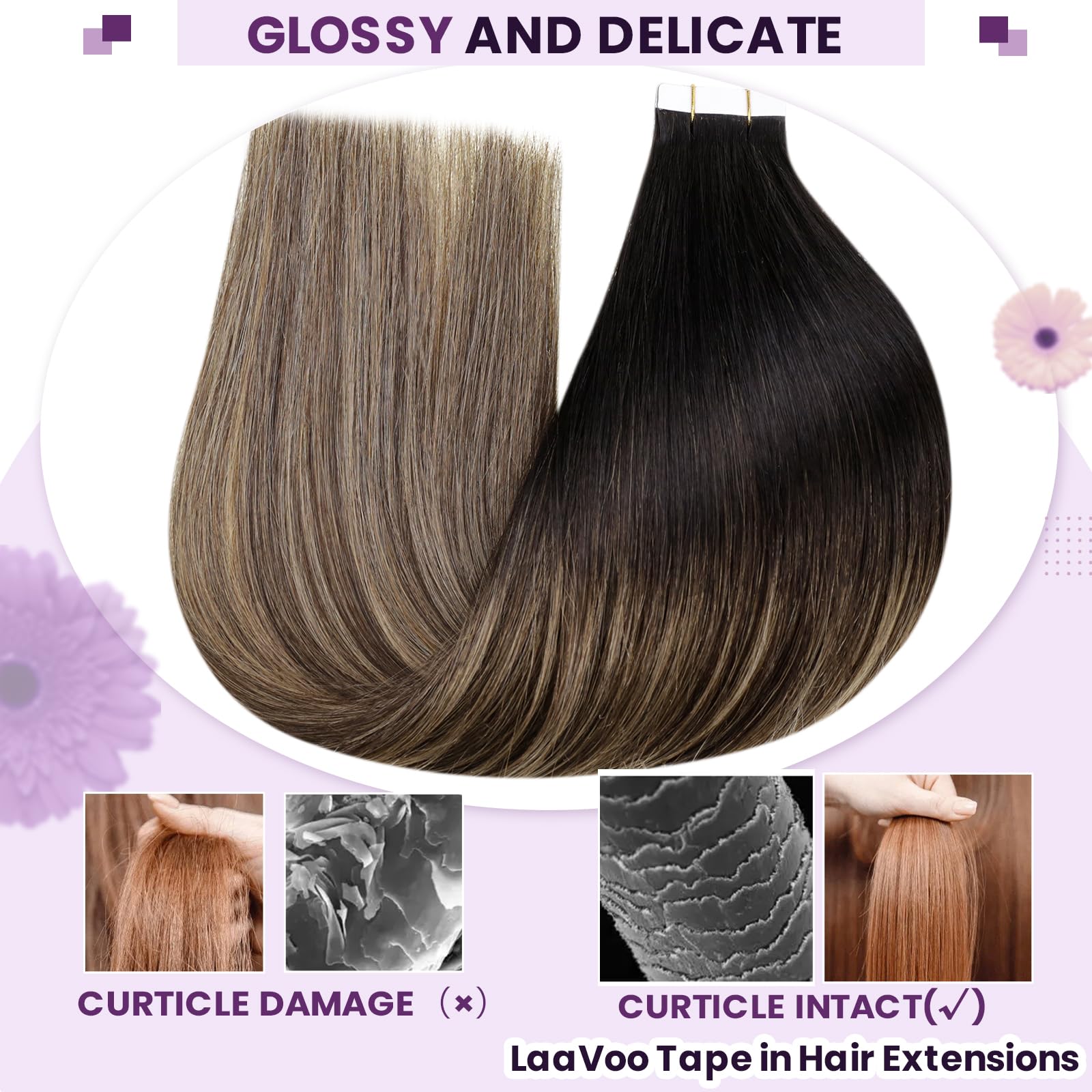 LaaVoo Tape in Hair Extensions Human Hair Black Tape Hair Extensions Real Human Hair Invisible Tapes Remy Straight Balayage Black to Brown & Blonde Hair Double Sided Tabs 20pcs 50g 14 Inch #1b/4/27 - Image 4
