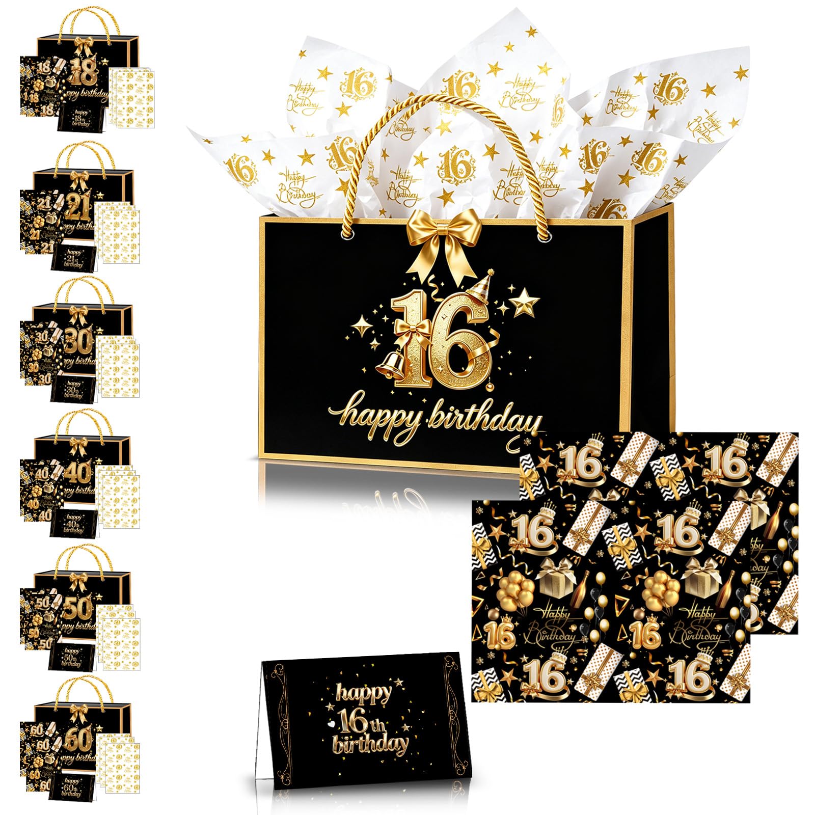 16th Birthday Gift Bag for Girls Boys,11×8×4" Black Gold 16th Gift Bag with 16th Birthday Wrapping Paper Tissue Paper Sheets Card Ribbon for Girl Boy Her Him 16th Birthdays Party Present Decorations