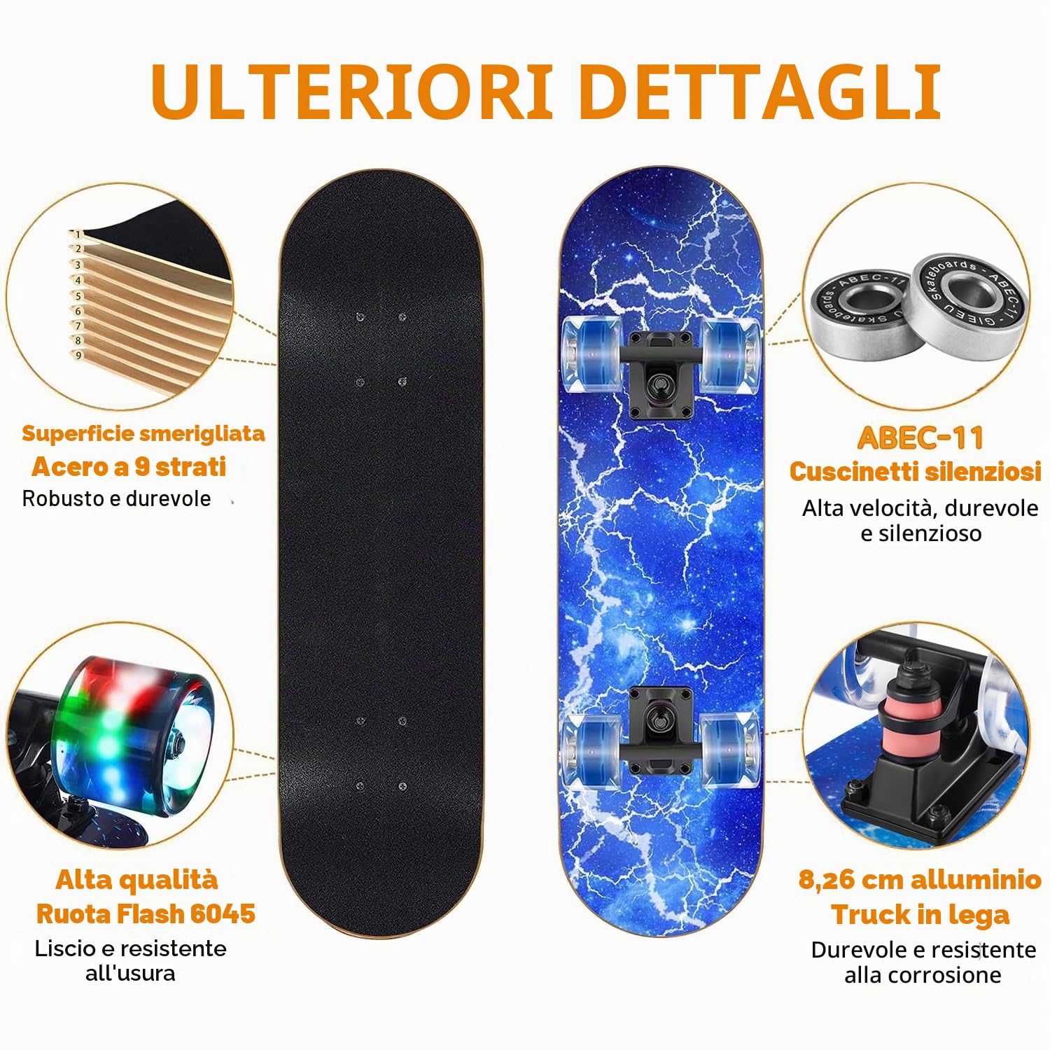 Skateboard con ruote colorate lampeggianti per principianti, bambini, adolescenti e adulti, skateboard standard in acero a 9 strati