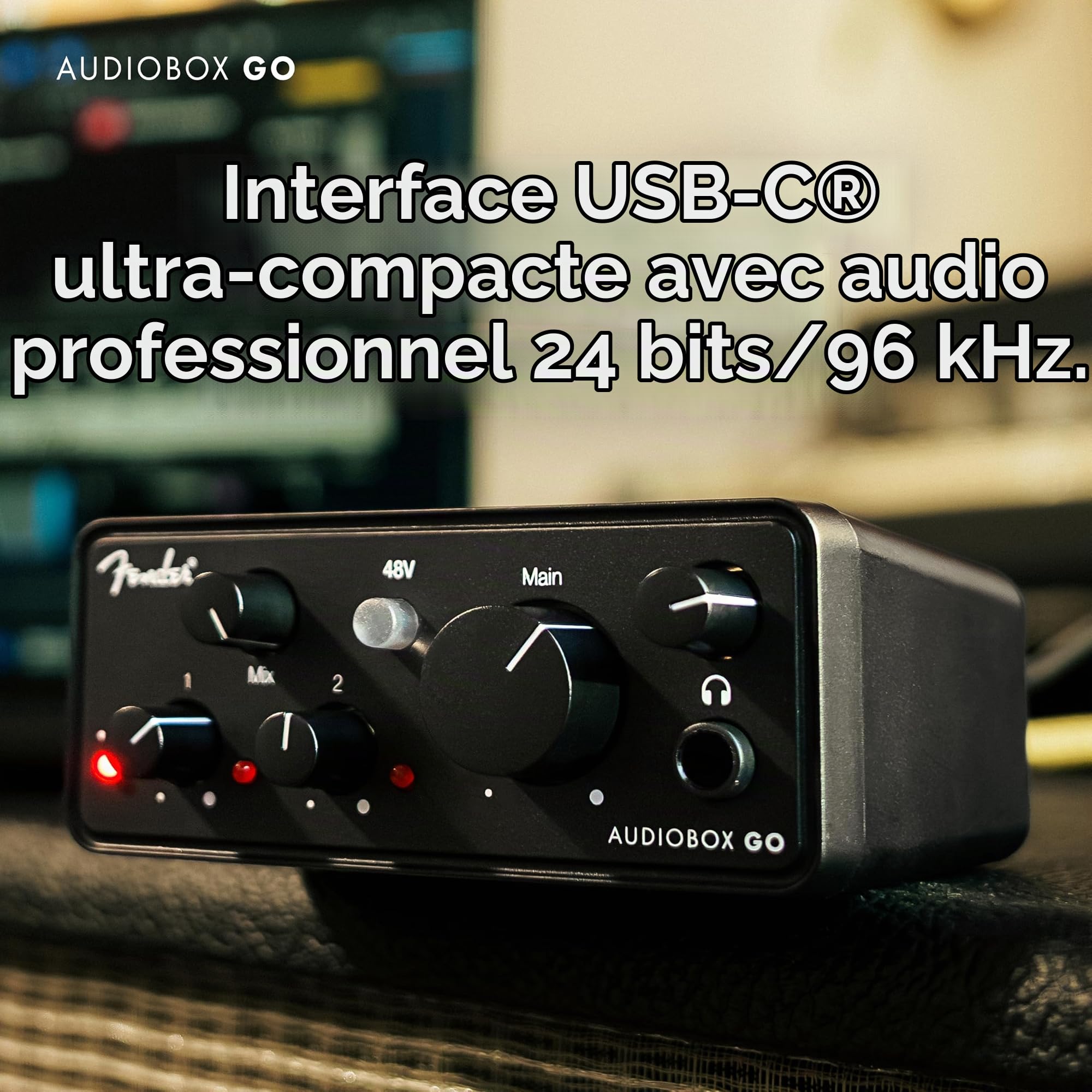 Fender AudioBox GO | Interface audio USB-C 2x2 pour la production musicale, combo micro/ligne XLR, entrée instrument TS, convertisseurs 24 bits/96 kHz, surveillance casque sans latence, Mac & PC
