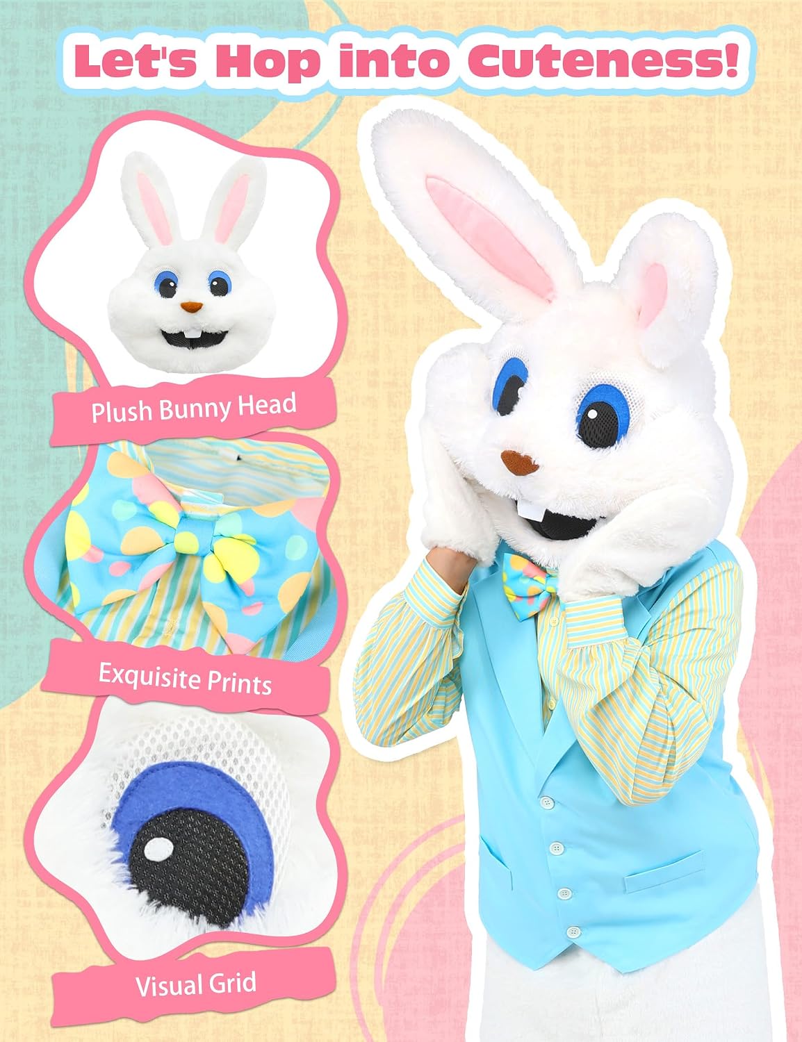 Easter Bunny Costume Adult 5 PCS Rabbit Mascot Outfit for Men Fancy Dress with Head for Easter Cosplay Parties