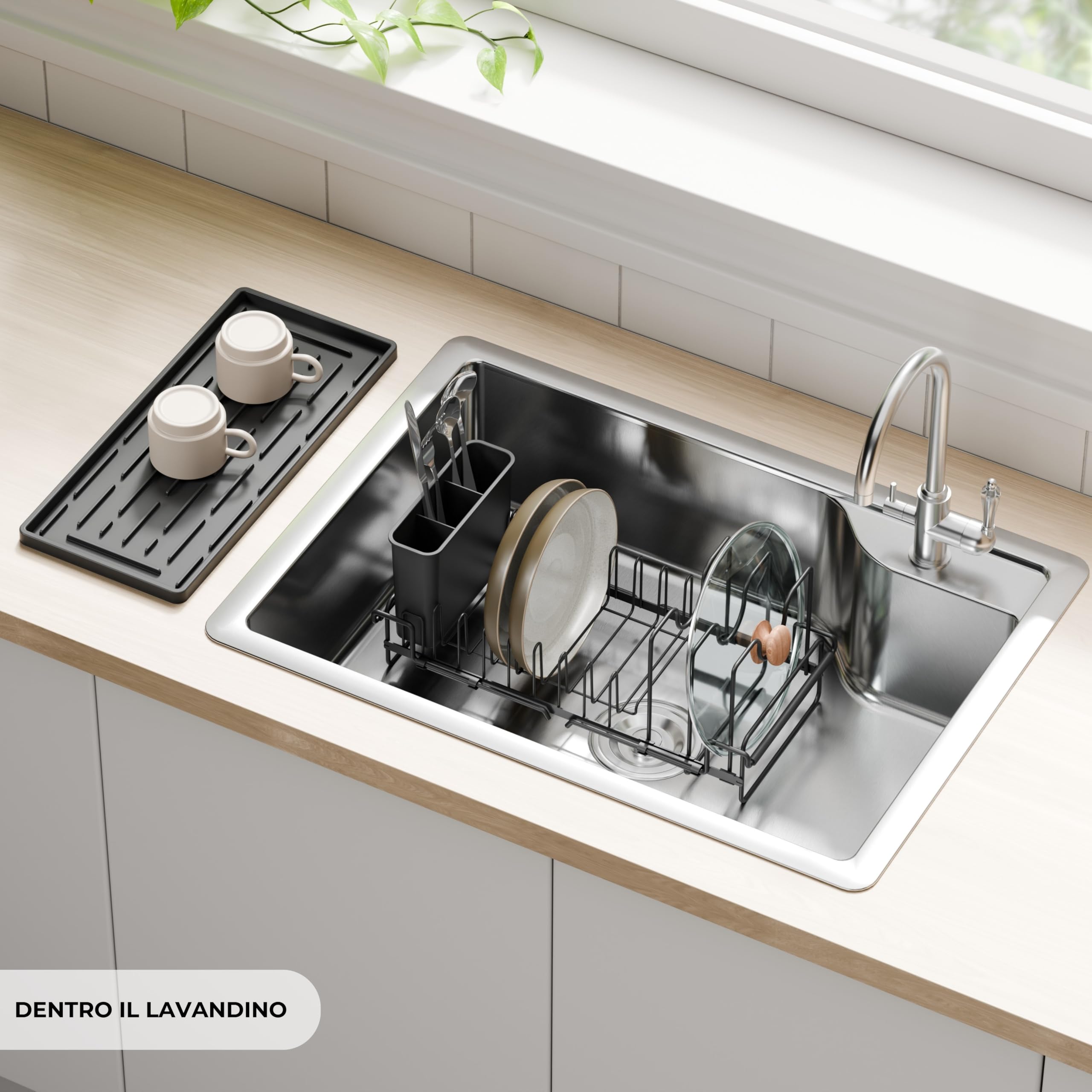 Erreke Scolapiatti Estensibile sopra il Lavello con Tappetino in Silicone Multiuso, Scola Piatti Regolabile in Acciaio Inox, Portaposate, 17,6 x 38-50 cm, Nero | Scolapiatti da tavola. Scolapiatti regolabile in acciaio inox. Porta posate. Guadagno posto