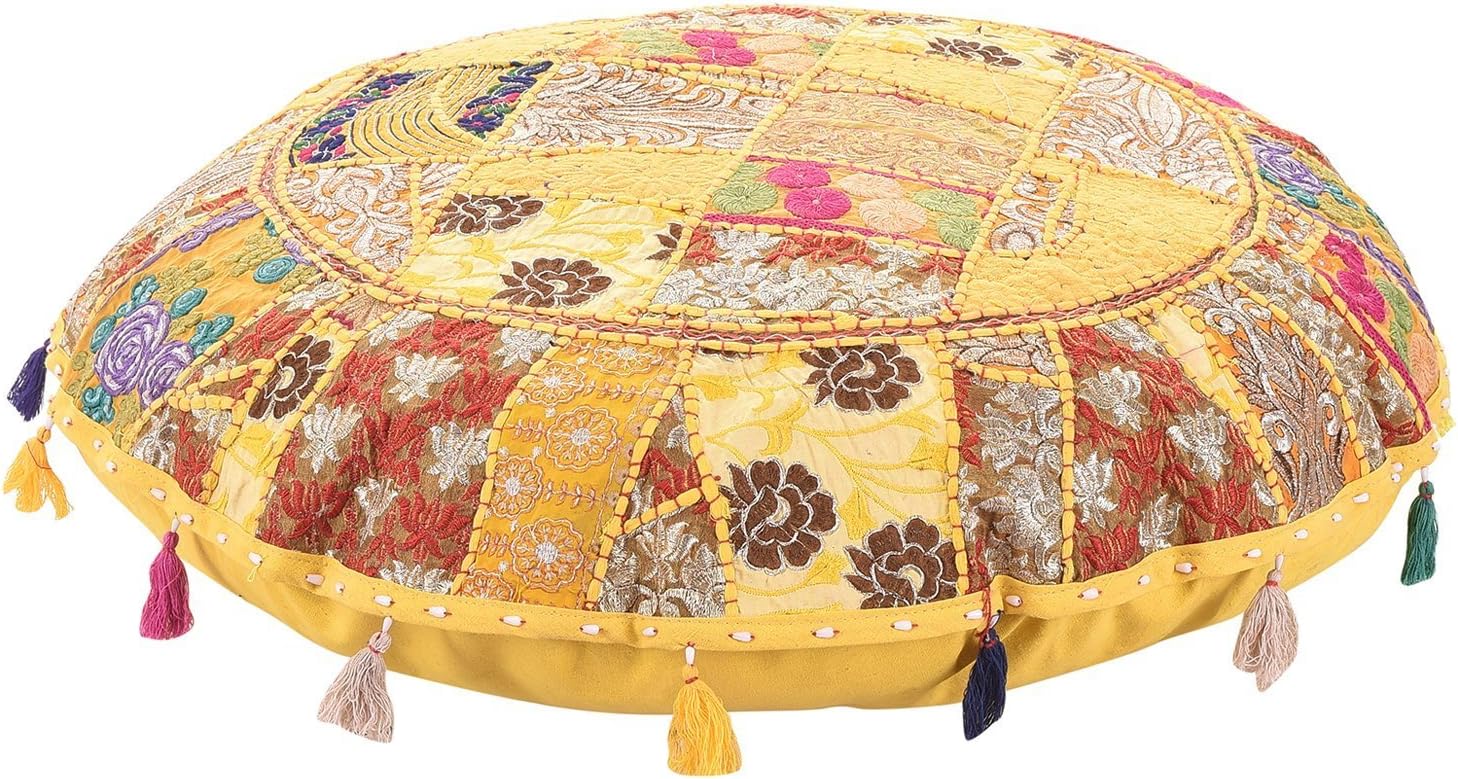 Sophia Art Round Floor Pillow Cushion Patchwork Pouf Ottoman Vintage Indian Foot Stool Bean Bag Floor Pillow Cover Home Decor Living Room Ottoman Bohemain Pillows (Yellow, 32 Inch)