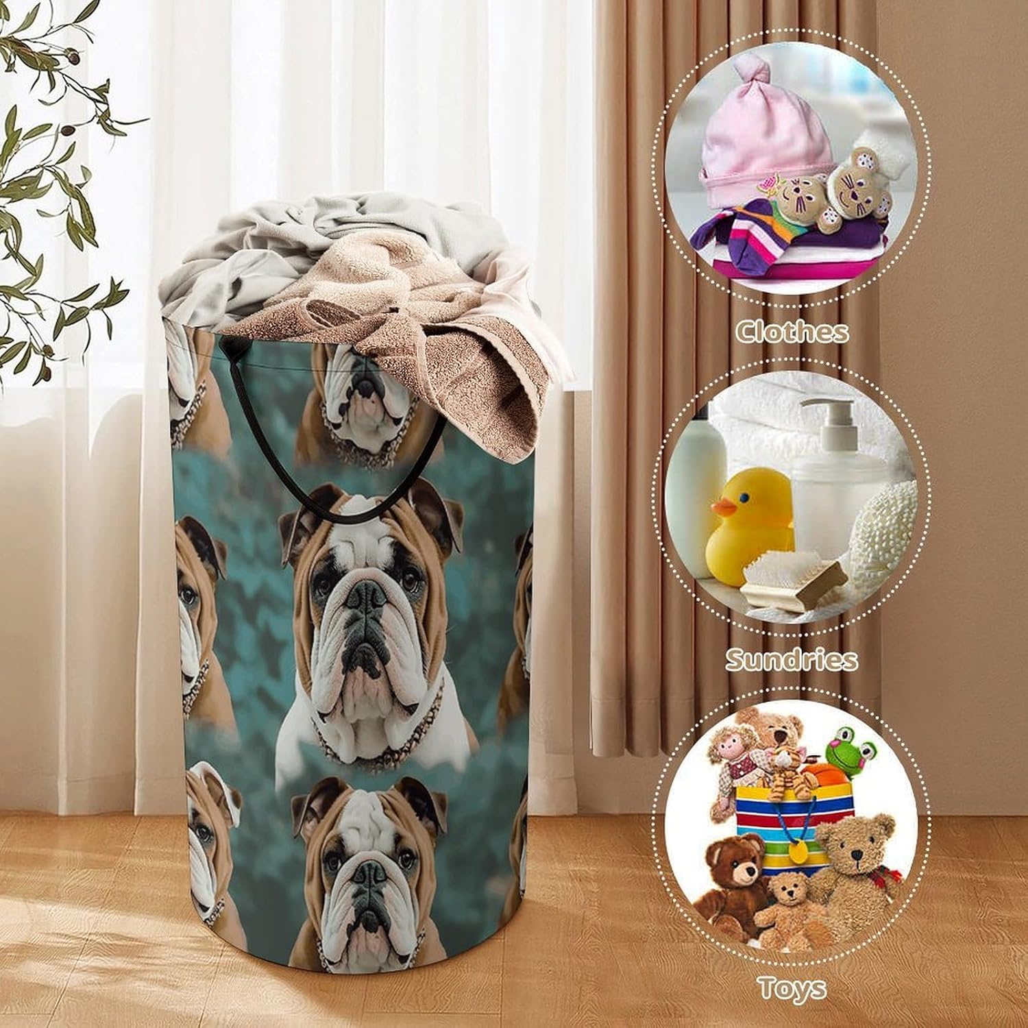 Funny English Bulldog Laundry Hamper with Handles Waterproof Collapsible Laundry Basket Large Lightweight Round Dirty Clothes Hamper for Home Dorm Bathroom Decor