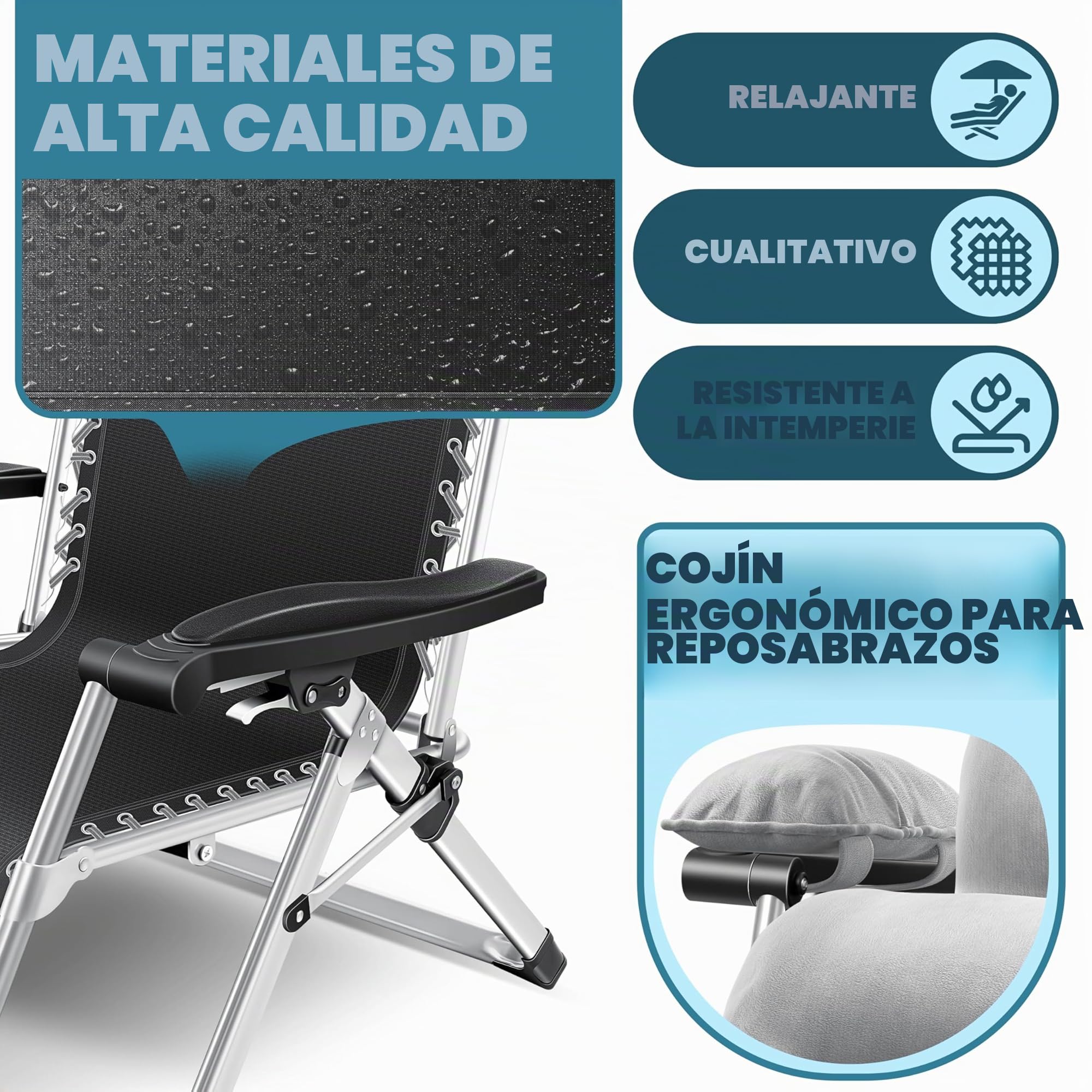 KESSER® Tumbona Plegable XXL, Resistente a la Intemperie, Capacidad de Carga 200kg, Tapizado Ergonómico, Respaldo Ajustable, Cojín Cervical, Portavasos y Cojín para Brazos, Basic - Gris