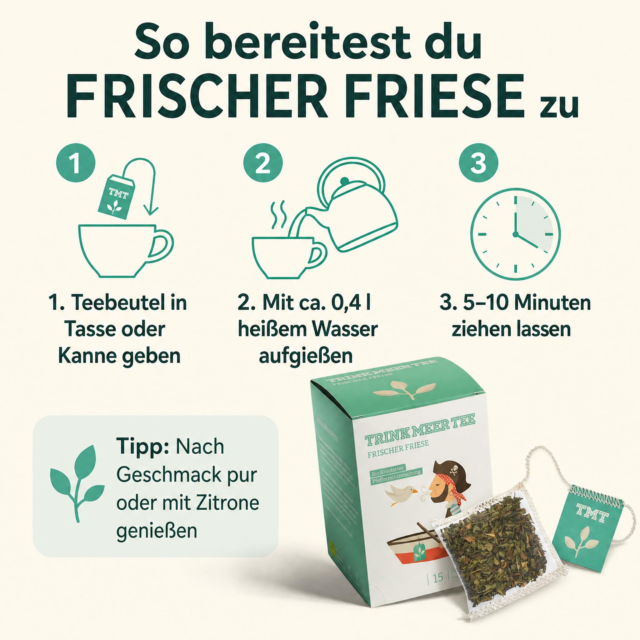 6 x Trink Meer Tee Pfefferminztee Frischer Friese Premium Kräutertee in Teebeuteln, erfrischend und aromatisch, handgenähte Kissenbeutel aus Netzmaterial, maritimes Design