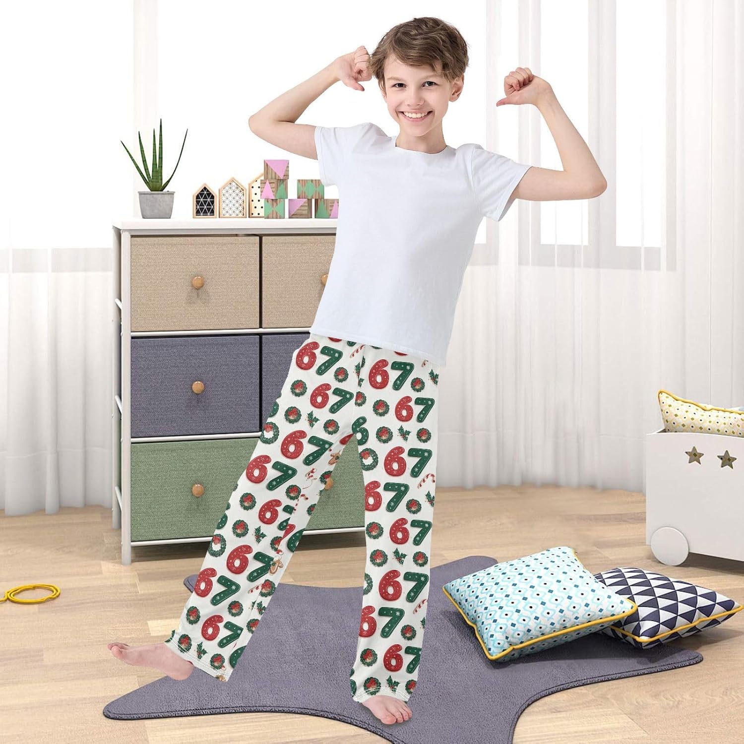 67 Christmas Numbers Pajama Pants Soft PJ Bottoms Lounge Pants for Sleepwear Sport Size 6–14 Years - Image 5