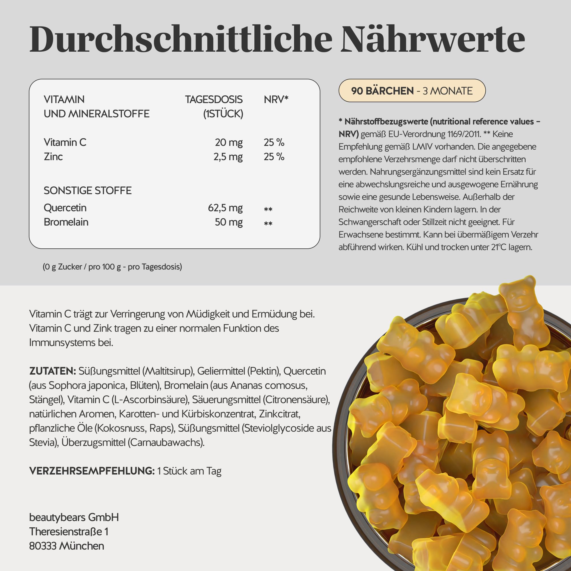 Bears with Benefits - Gummibärchen Quercetin - Immunsystem - 90 Stück | Bye Bye Sniff Relief – Quercetin und Bromelain, Vitamin C, Zink - Vorrat für 3 Monate - Zuckerfrei, Vegan