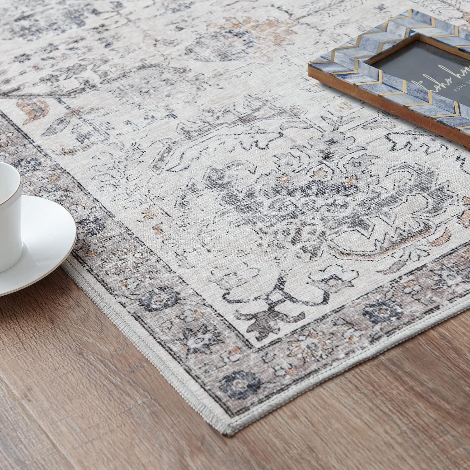 jinchan Runner Rug 3x7 Washable Hallway Rug Vintage Indoor Thin Retro Floor Cover Distressed Gray Floral Country Lightweight Non Slip Carpet for Entryway Bathroom Kitchen Bedroom Living Room Grey - Image 7