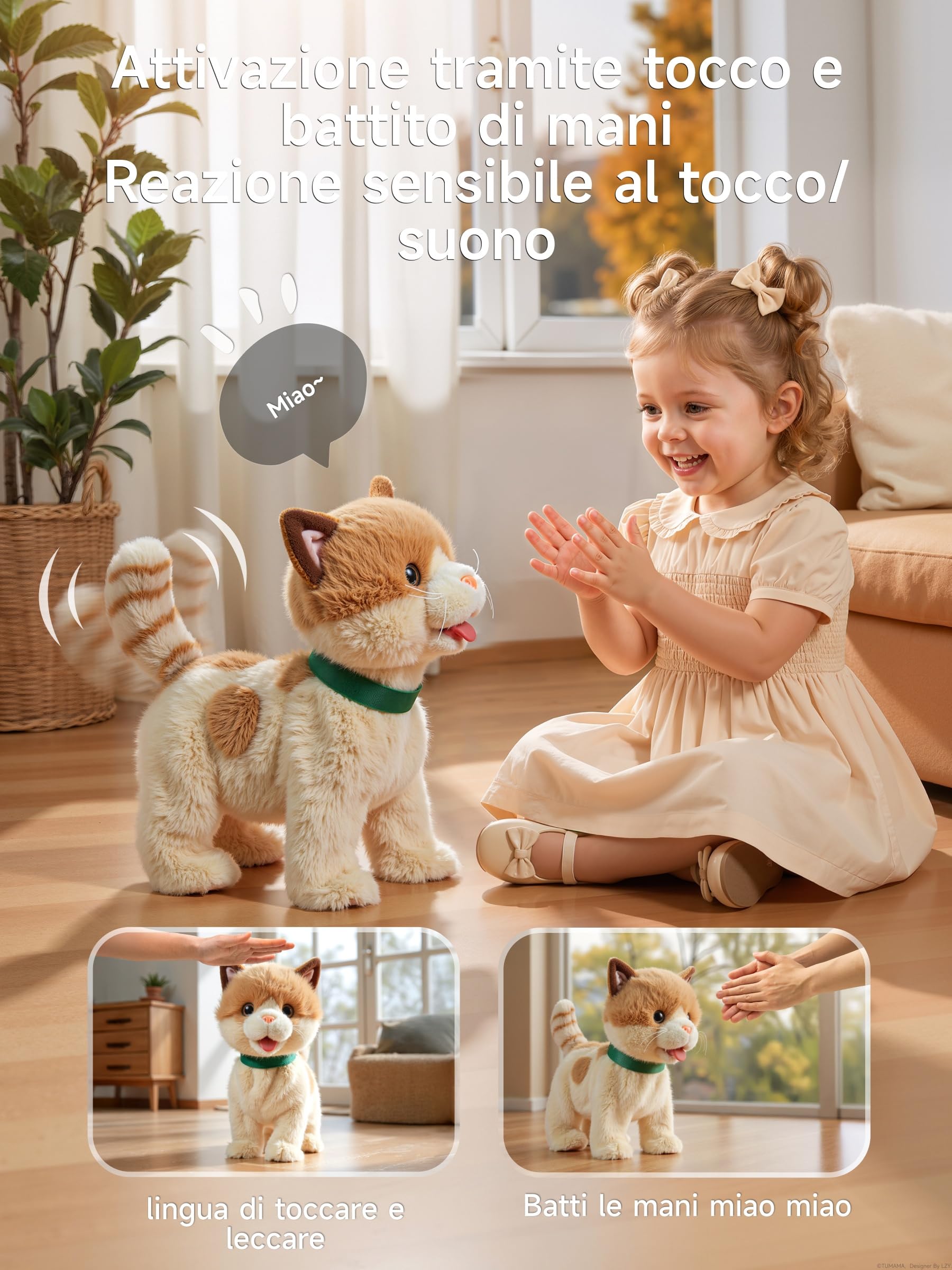 OR OR TU Giocattolo Gatto che Cammina Interattivo Gatto Peluche | Delicato Sulla Pelle, Telecomando, Cammina Canta Miagola Scodinzola e si Lecca la Lingua, per 2+ Anni, Beige
