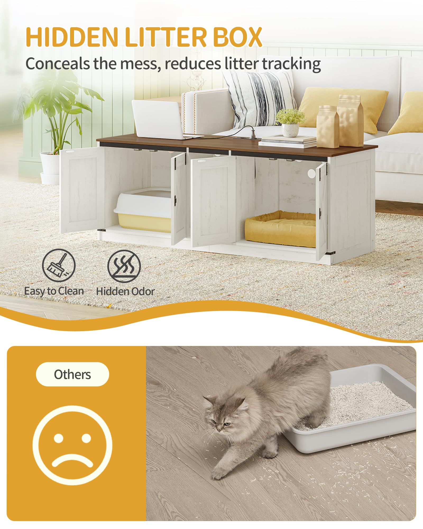 Hzuaneri Armario para Gatos, Mueble Arenero Gato con Puertos USB y Tomas de Corriente, Mueble Arenero Oculto de 140cm para 2 Gatos, Casa para Gato de Interior, Marrón Rústico y Blanco CB82514X
