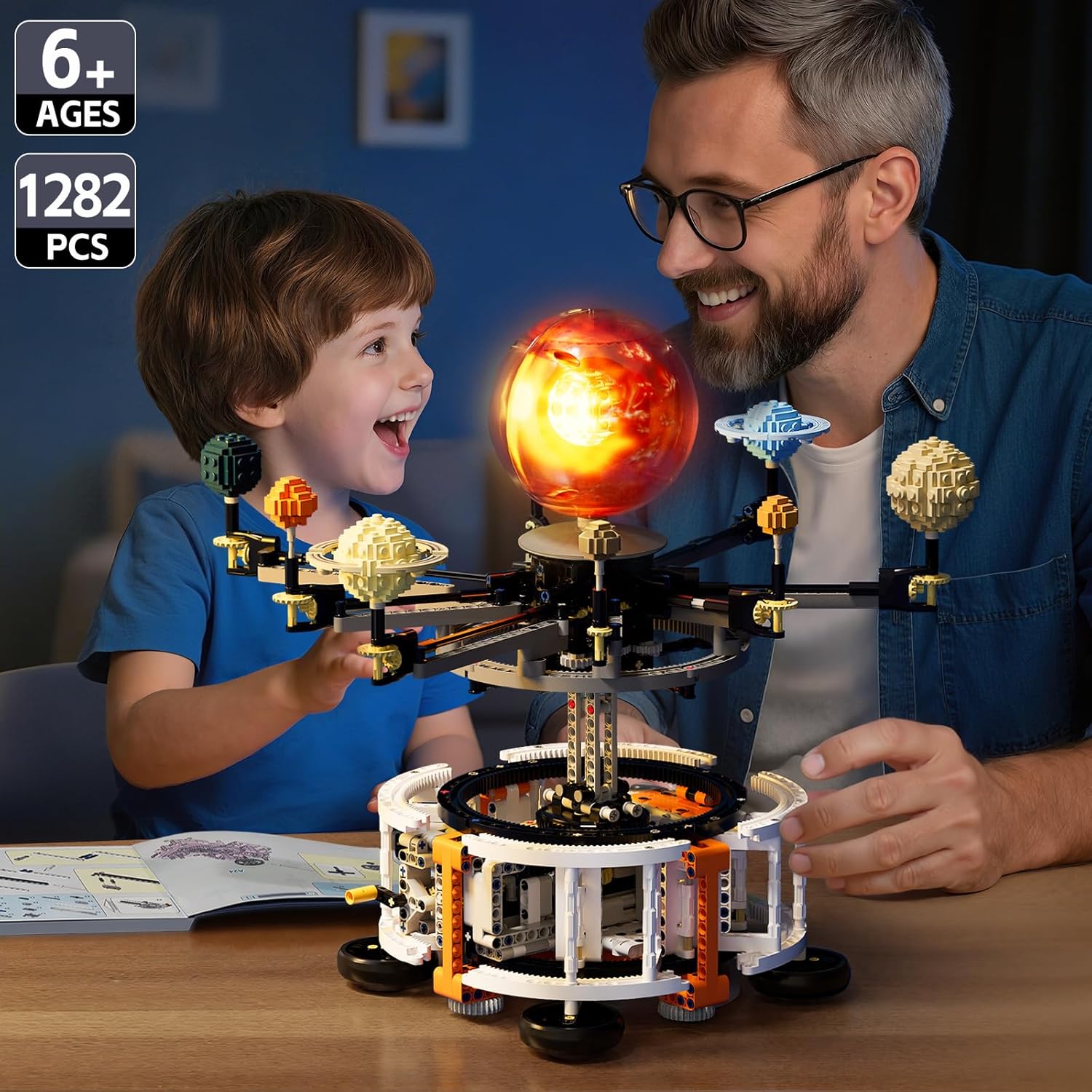 Dual-Mode Spinning Solar System Space Building Kit, STEM Model with Rotating Planets, Light-up Sun and Astronomy Educational Toys for Kids, Outer Space Birthday Gift for Ages 8+ (1282 PCS)