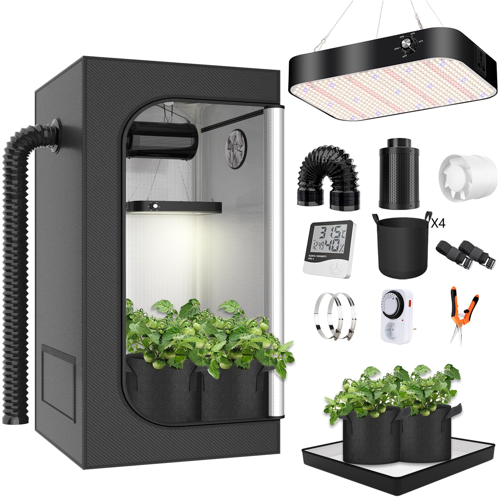 Armario de Cultivo Juego Completo Armario de Cultivo Kit 80x80x180cm con 200W LED Lámpara de Cultivo de Espectro Completo Regulable, Armario de Cultivo Kit Completo Hidroponía