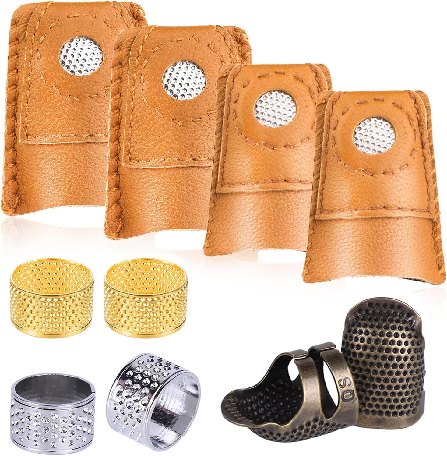 10 Pcs Thimble and Finger Protector, 3 Colors Metal Thimble, Copper Sewing Thimble with 4 Pcs Leather Finger Protector, Adjustable Finger Shield Ring for Sewing and Stitching Finger Protection