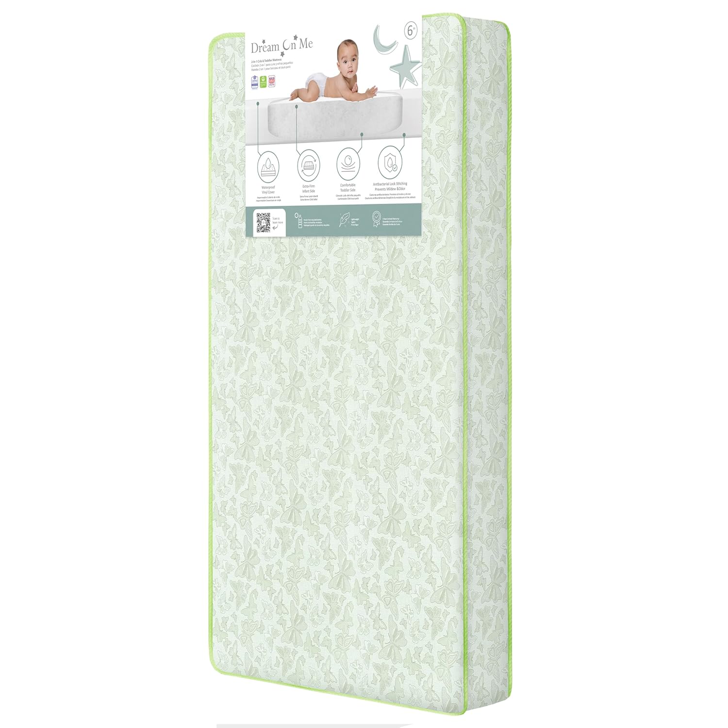 Dream On Me Little Butterflies 6 Inch 2 in 1 Fiber Core Crib and Toddler Bed Mattress|Extra Firm|6” Fiber Core|Lightweight|Waterproof Cover|15 year warranty|Reversible Design|Infant and Toddler Use