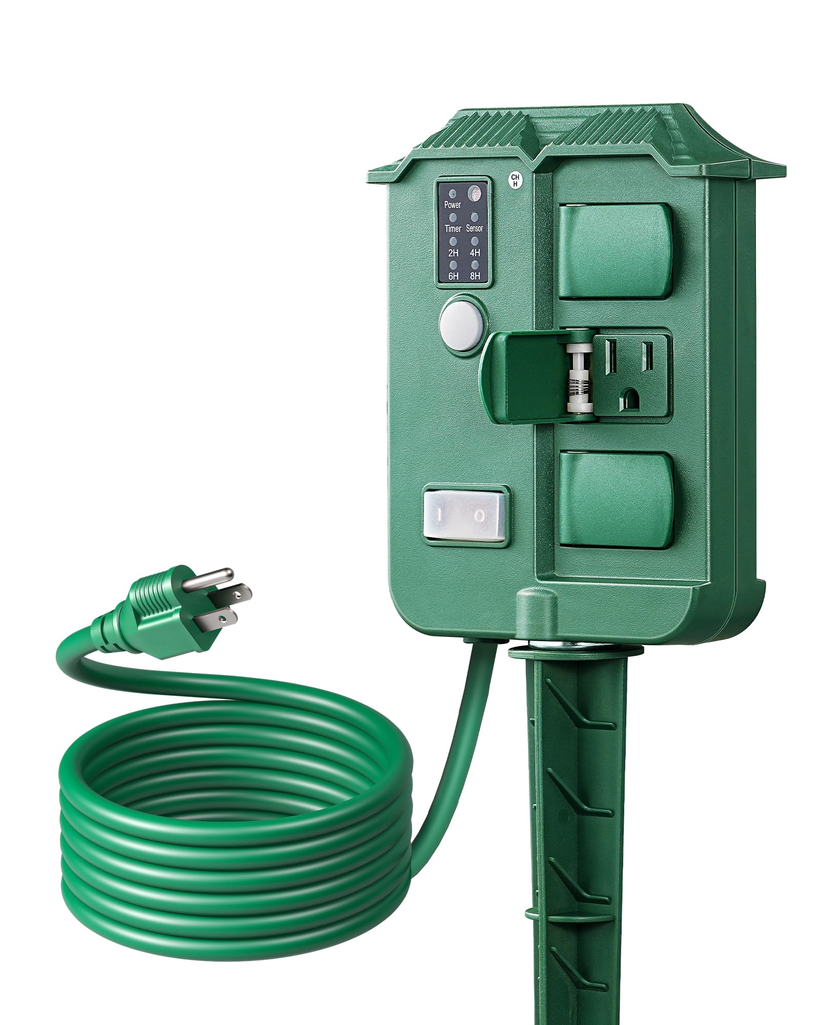 DEWENWILSOutdoor Power Stake Timer, Waterproof Outdoor Timer, 6 Grounded Outlets, 6FT Cord, Photocell Stake Timer, Dusk to Dawn Outdoor Timer for Christmas Decoration Lights, UL Listed