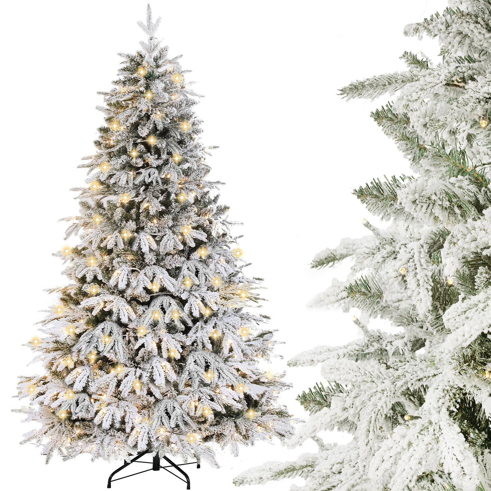 DEWUR Sapin de Noël Artificiel avec éclairage et Neige, Support en métal