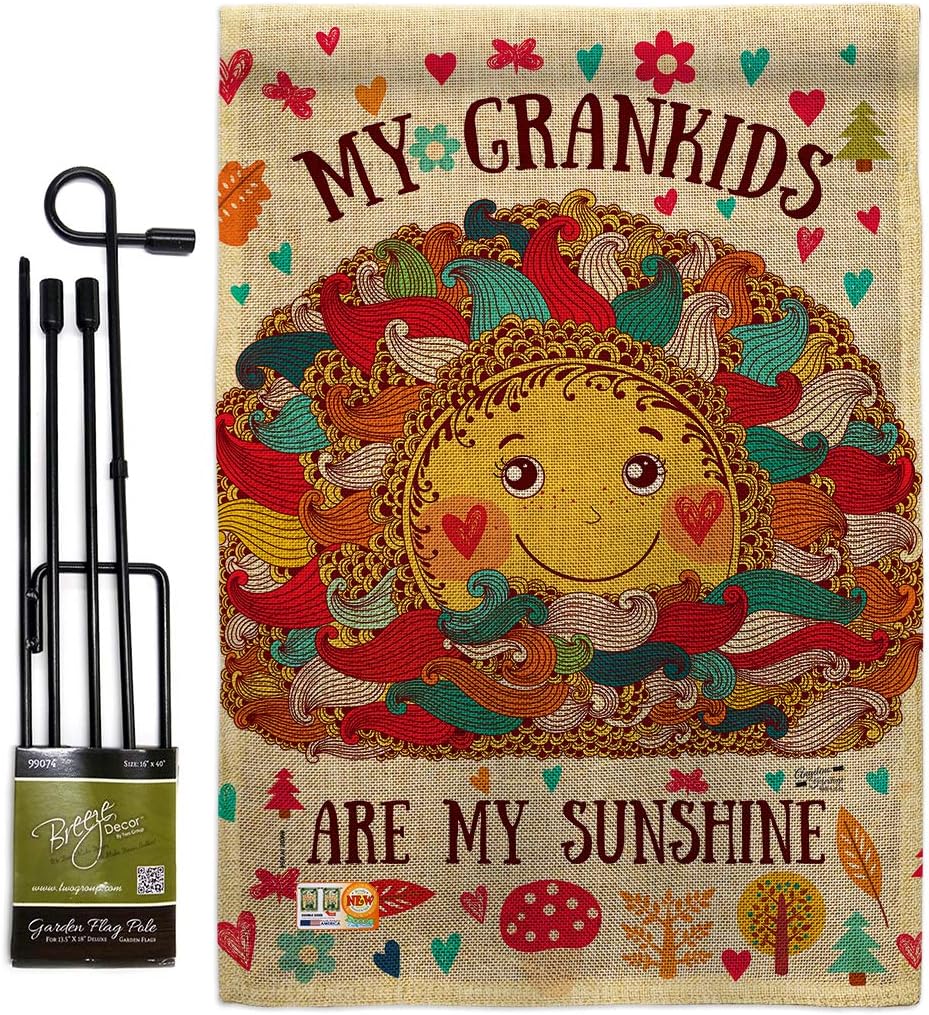 Grandkids Are My Sunshine Garden Flag Set with Stand Family Grandma Grandpa Grandchildren Spoiled Parent Sibling Relatives Grandparent Small Gift Yard House Banner Double-Sided Made In USA 13 X 18.5