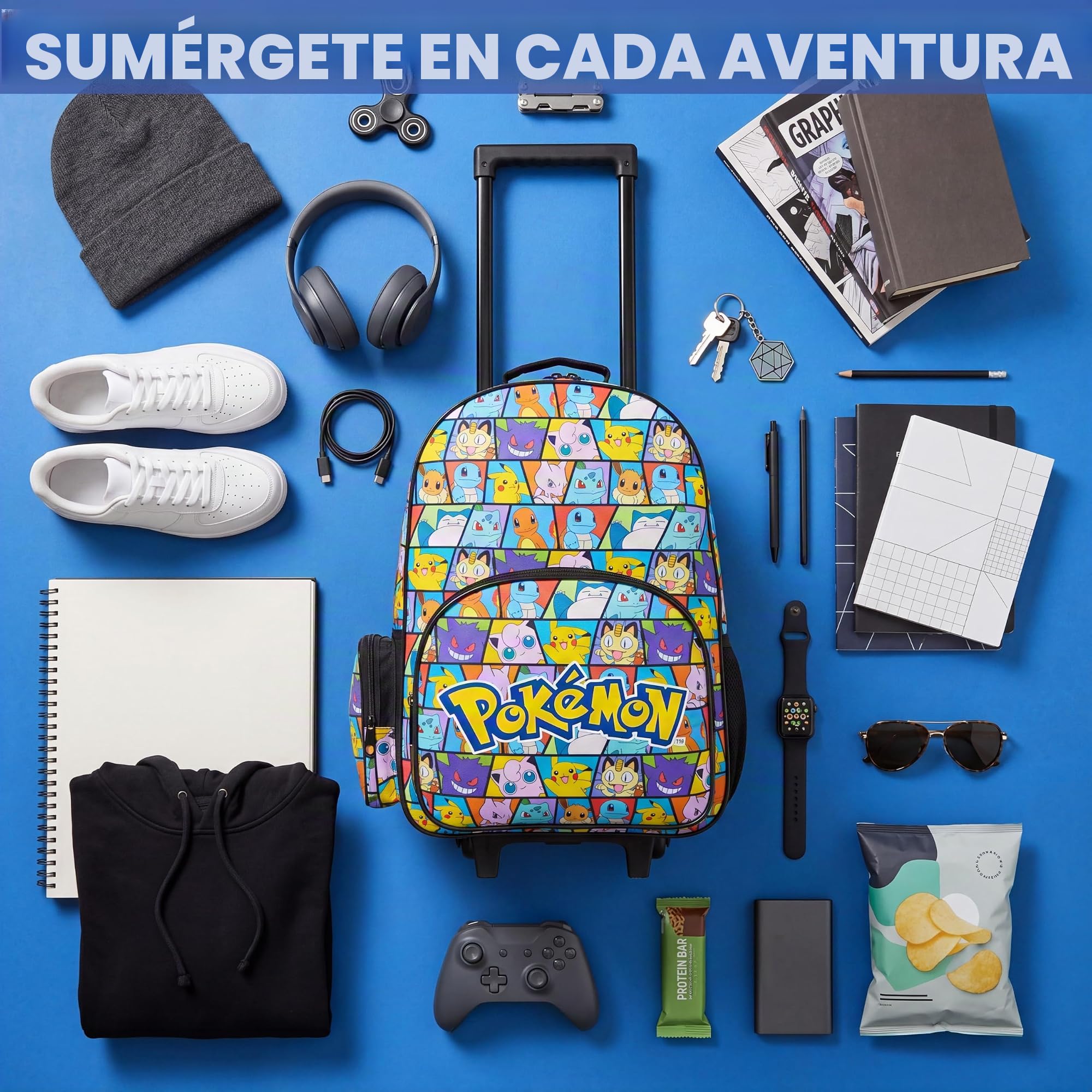 Get Trend Pokemon Mochila Trolley Infantil 2 en 1, Bolsa de Viaje con Ruedas y Estructura Metálica, Mochila Cabina Ruedas, Regalo Anime (Multi Pokemon)