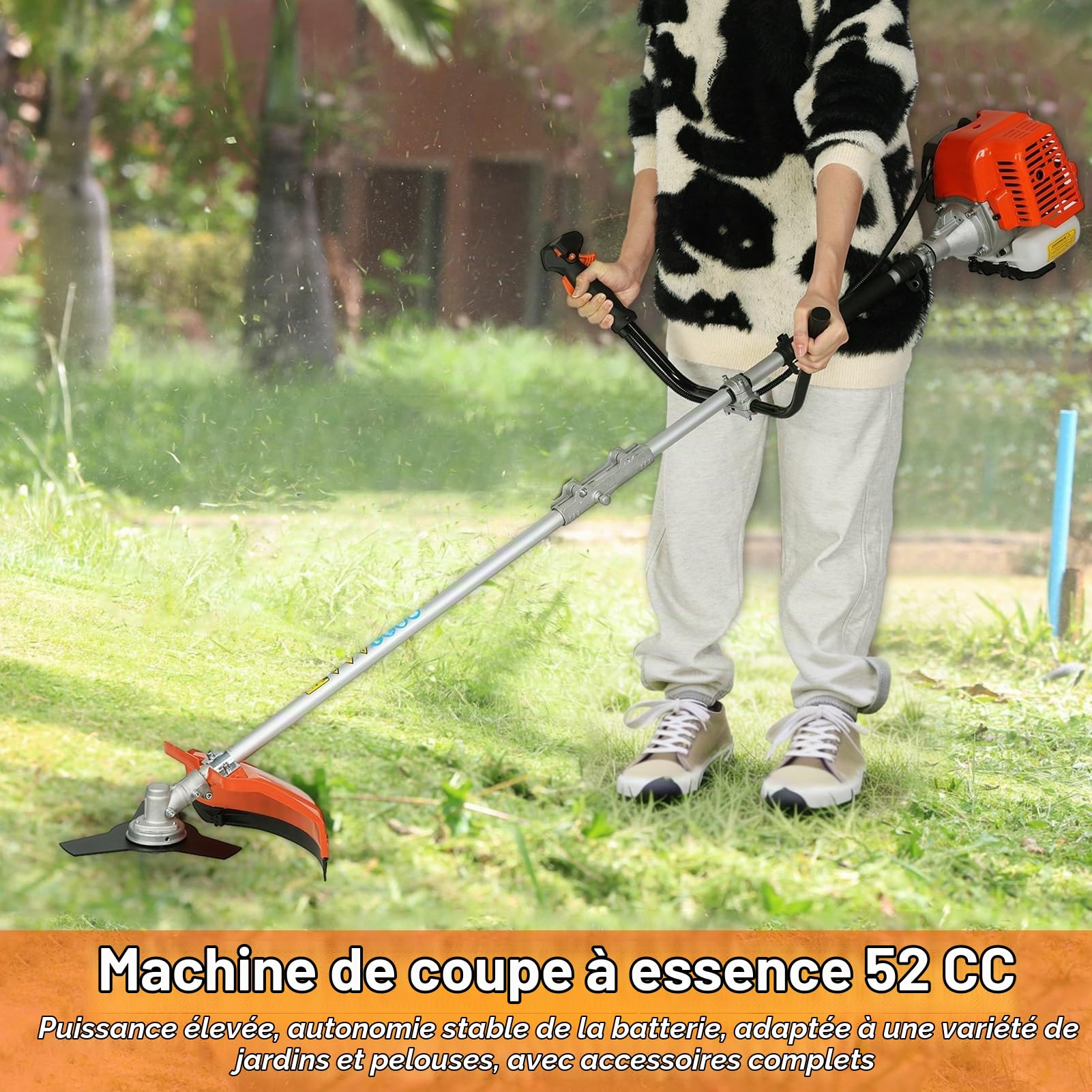 Débroussailleuse Thermique - 52 cm³ - 2 Temps - Débroussailleuse Essence - 2en1 - Coupe-Bordure - Tête Double Fil et Deux Lames Orange