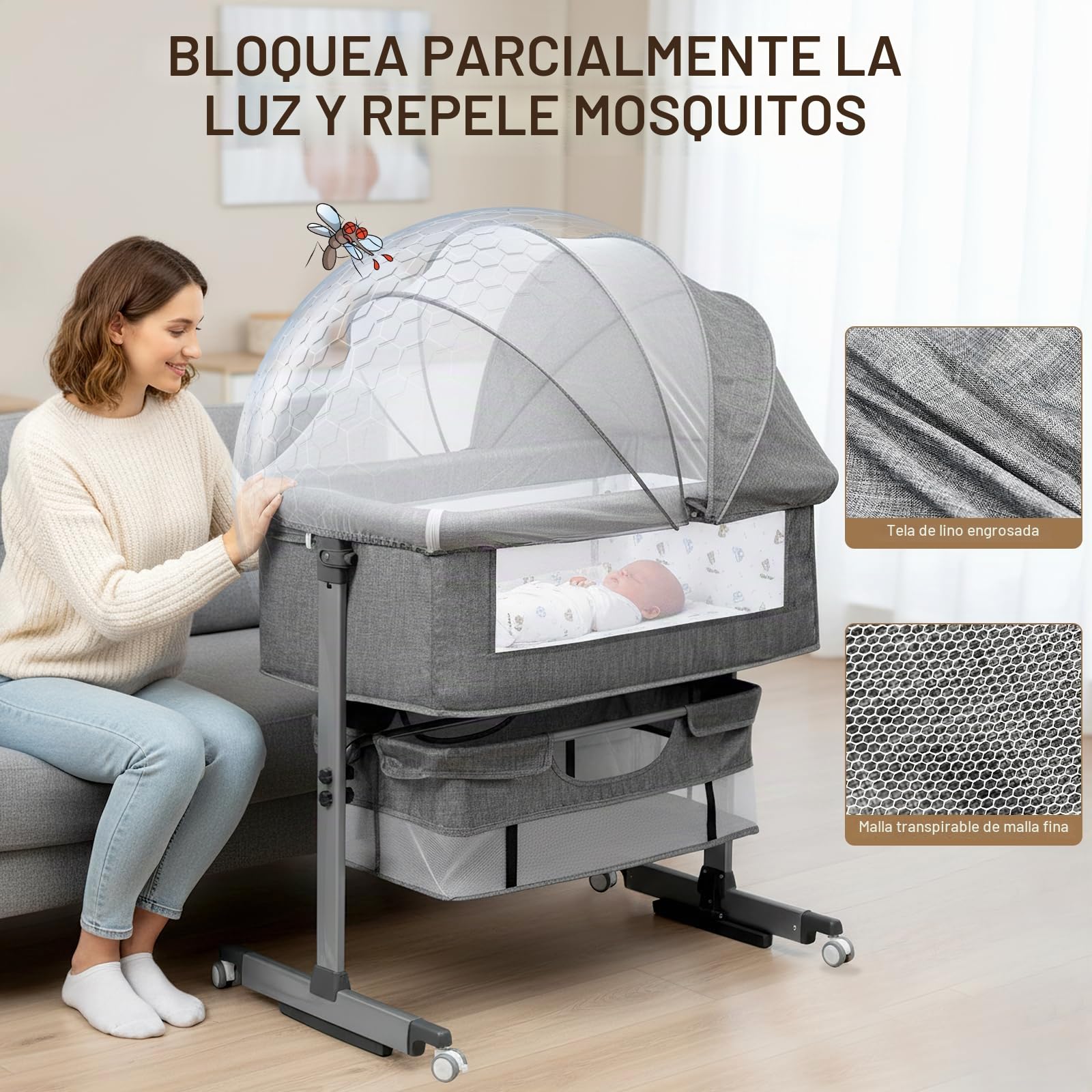 3 en 1 Cuna Colecho,Colecho Bebe Cuna con Colchón Blando y Mosquitera 6 Velocità Regolabile in Altezza e Inclinazione 4 Ruedas con Freno para Casa y Viaje Compatible con Diferentes Camas