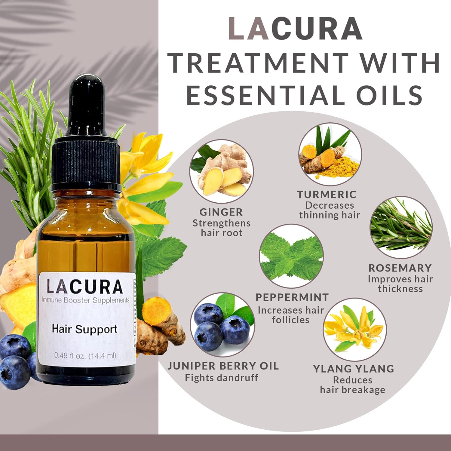 Lacura Organic Hair Growth Essential Oil Blend with Peppermint Oil & Rosemary - Natural Therapeutic Hair Support for Stronger Roots & Scalp Care - Pure Ginger & Juniper Oils for Home Diffusers, 15ml