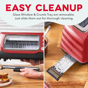 Dash Clear View Toaster | 10 Long Slot 2 Slice Toaster with See-Through Glass Window, 7 Browning Levels, Bagel, Defrost & Reheat Functions, Removable Glass Panel, Crumb Tray, Red