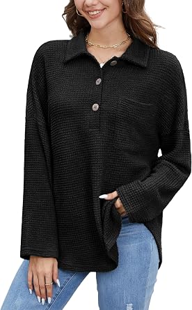 Women Waffle Knit Tops Long Sleeve Henley Shirts Womens Button-Up Casual V Neck Tunic Fall Pullover Sweater