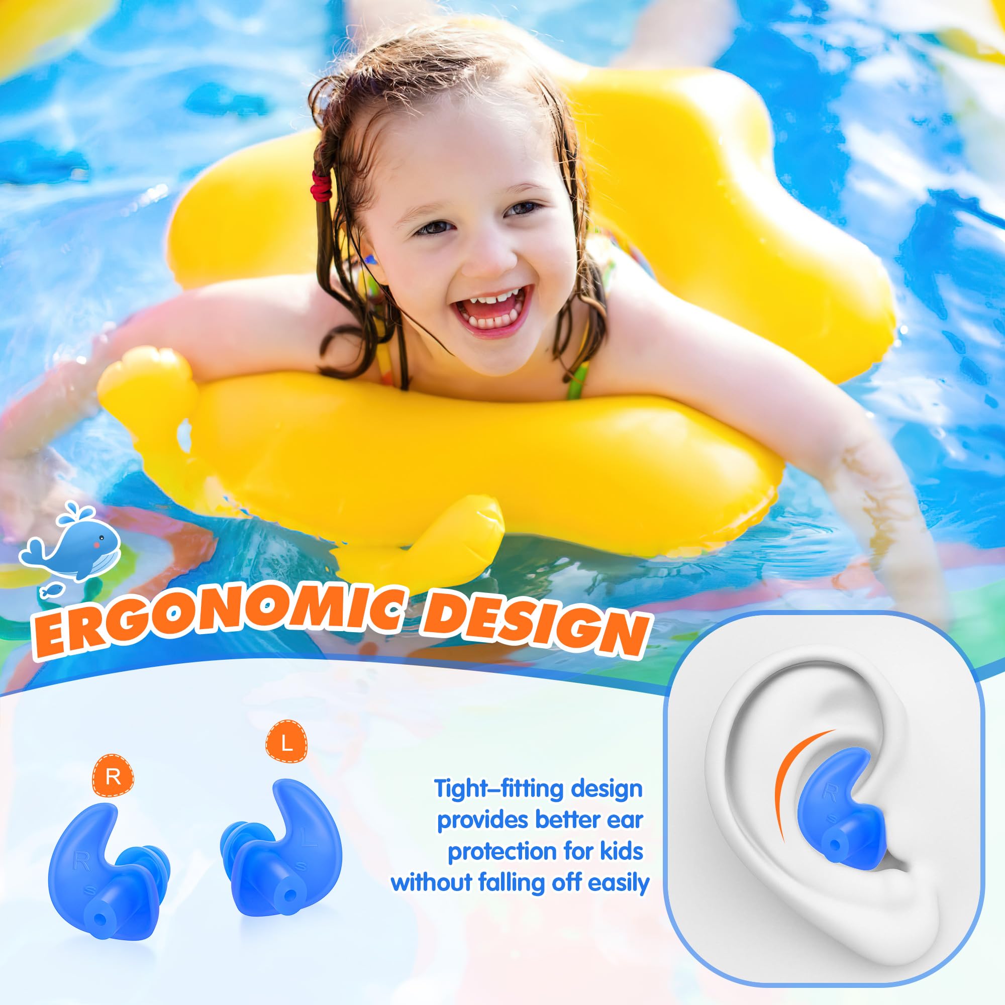 Hearprotek Tapones para los Oídos Natación 2 Pares Silicona Reutilizables a Prueba de Agua Nadadores Duchas Deportes Acuáticos Tamaño Niños Azul Naranja