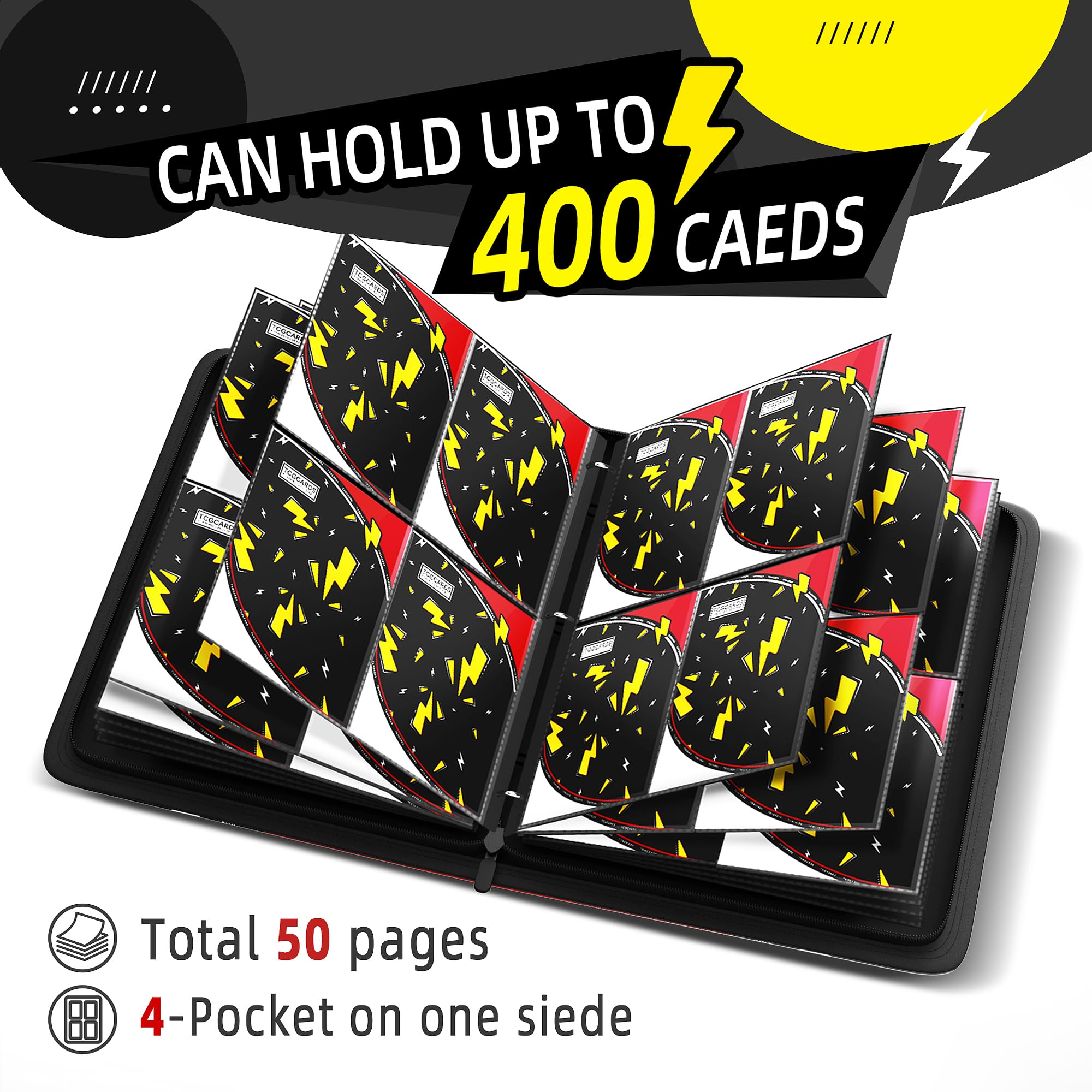 Carpeta de tarjetas coleccionables de 4 bolsillos, carpeta de colección de tarjetas de 400 bolsillos con 50 fundas extraíbles, libro de tarjetas superior impermeable de poliuretano, con cremallera de