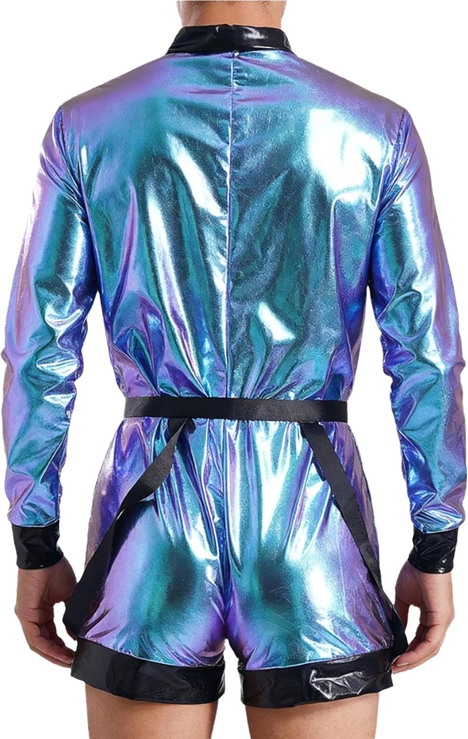 Lejafay Mens Astronaut Cosplay Outfit Halloween Metallic Shiny Mock Neck Long Sleeve Zipper Bodysuit