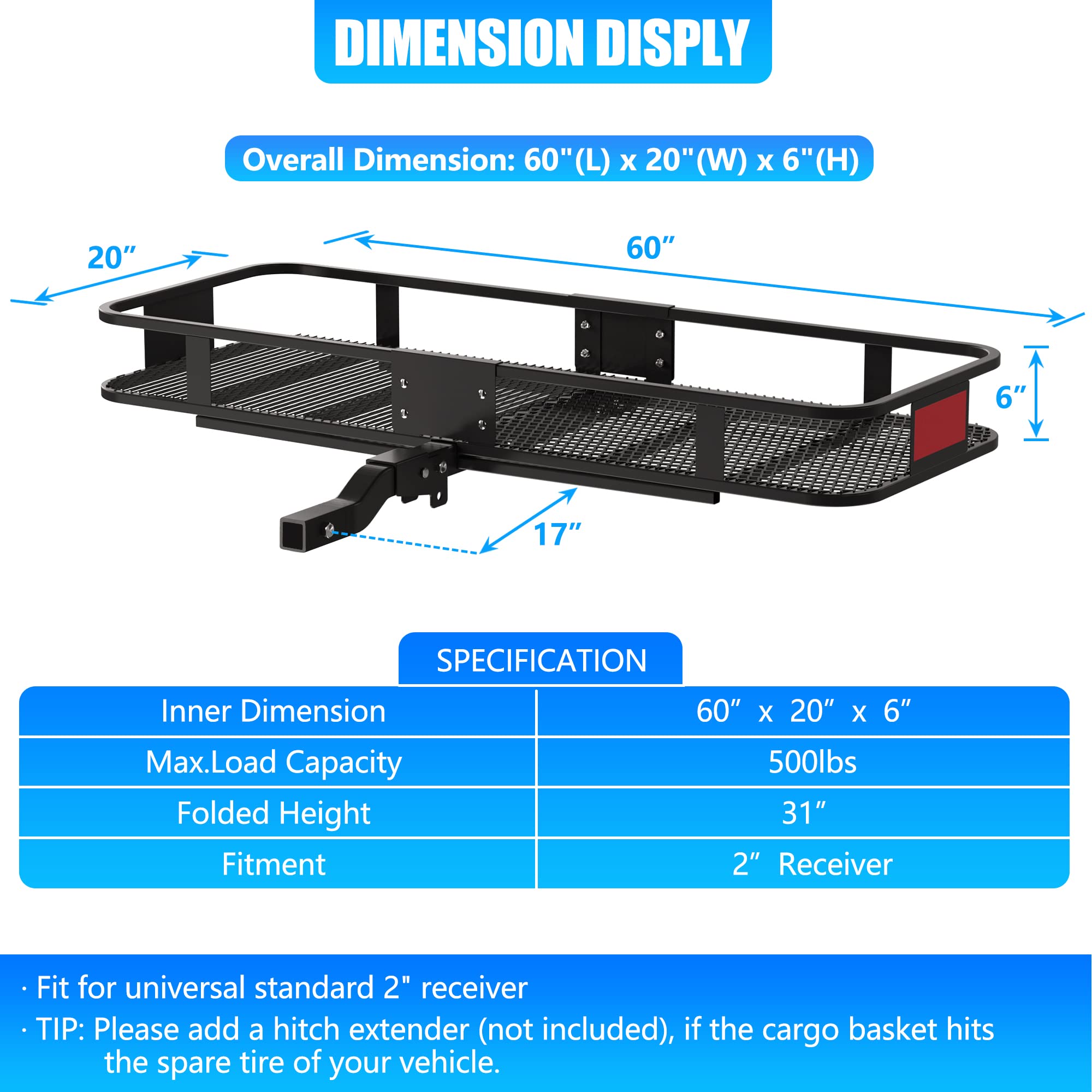 KAIRAY Heavy Duty Folding Hitch Mount Cargo Carrier Load